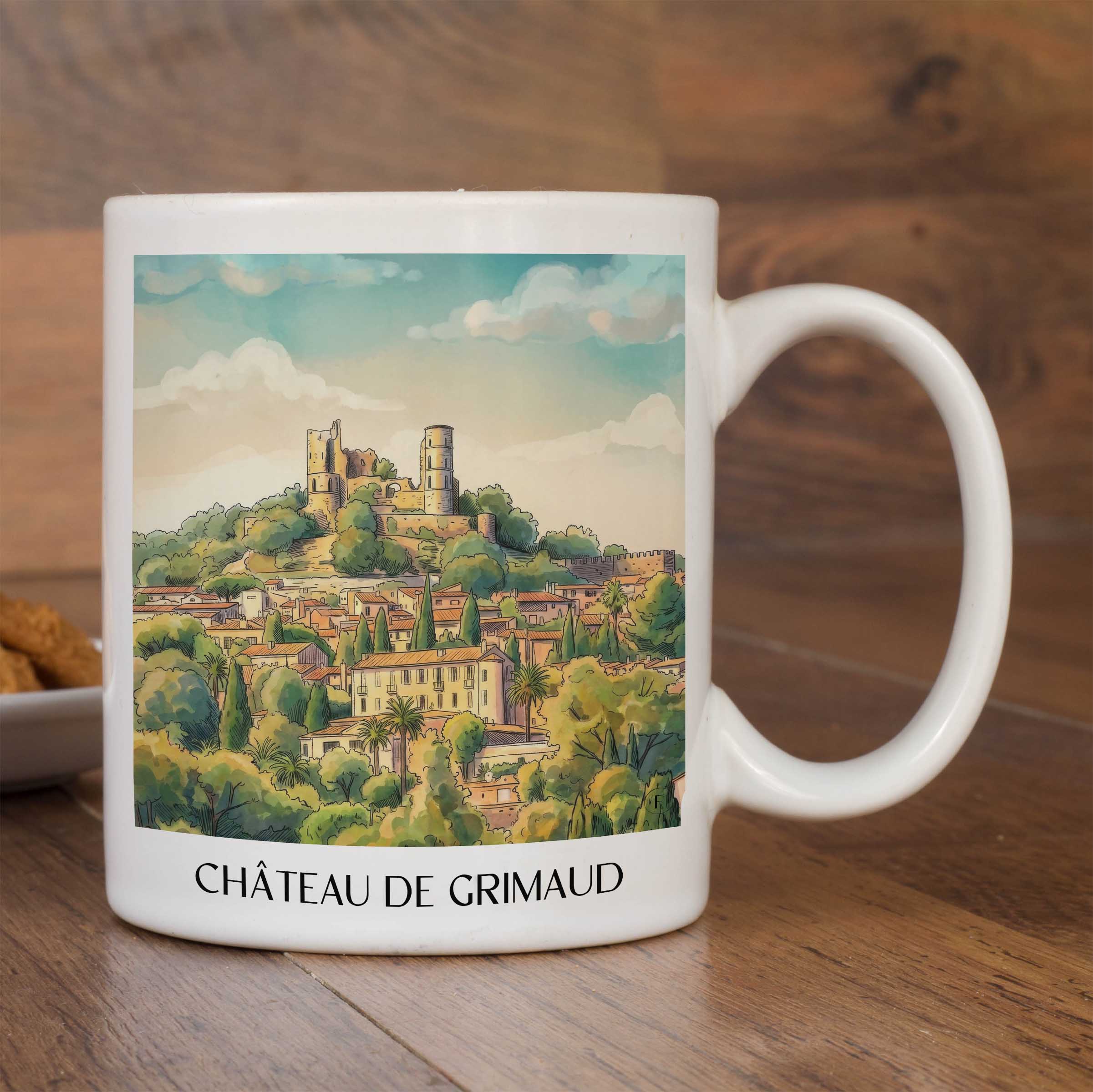 château-de-grimaud-côte-d´azur-frankreich-kaffeebecher-aquarell