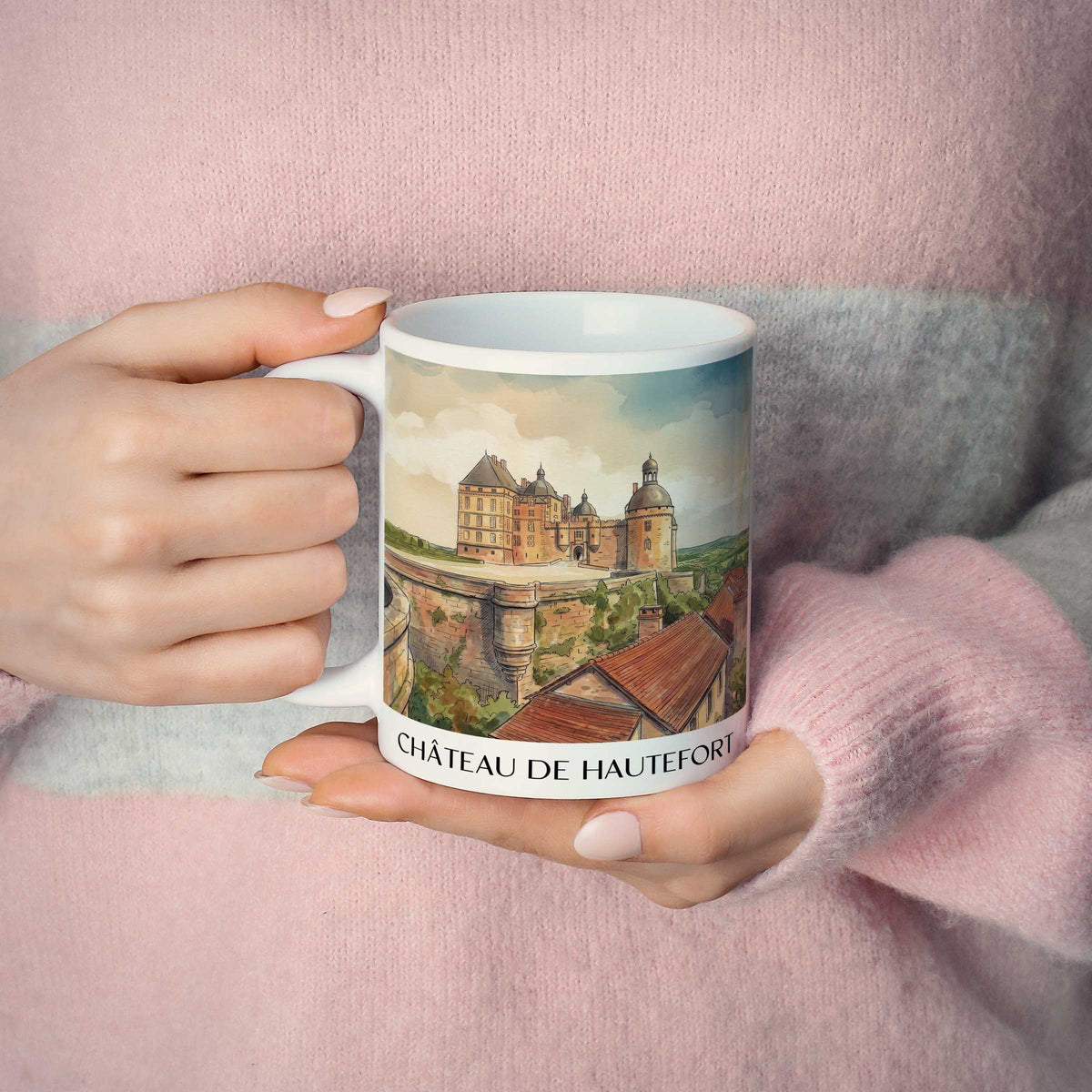 château-de-hautefort-périgord-noir-frankreich-kaffeebecher-aquarell