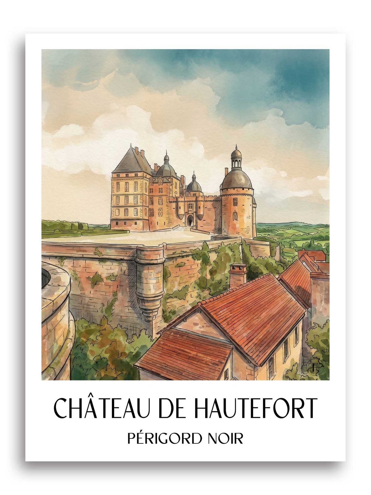 château-de-hautefort-périgord-noir-frankreich-poster-aquarell