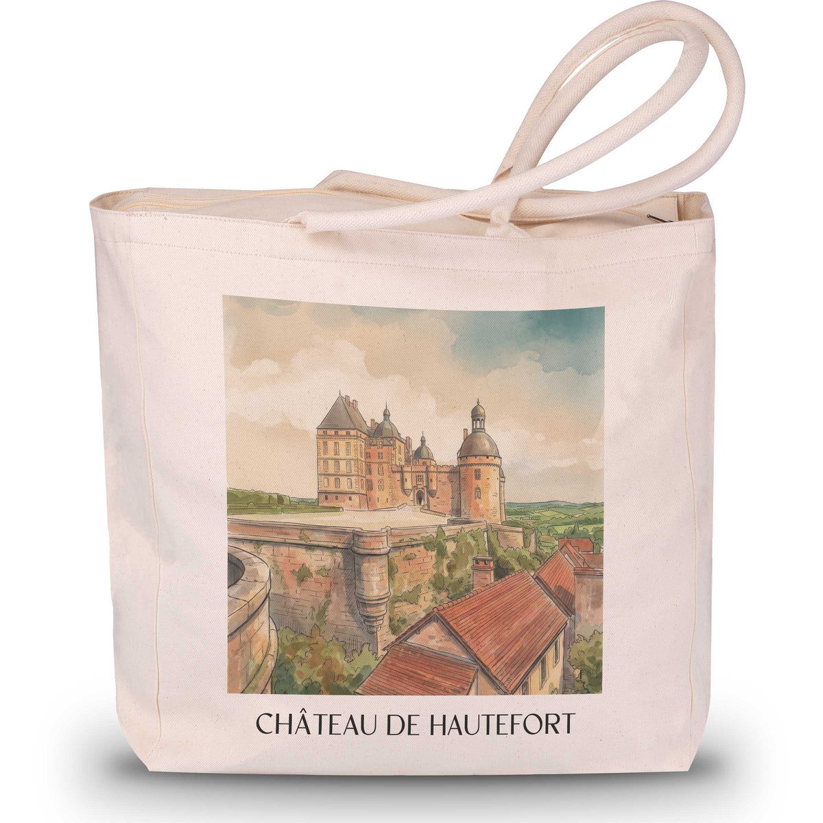 château-de-hautefort-périgord-noir-frankreich-einkaufstasche-aquarell