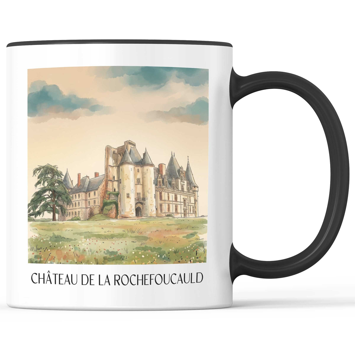 château-de-la-rochefoucauld-charente-frankreich-kaffeebecher-aquarell