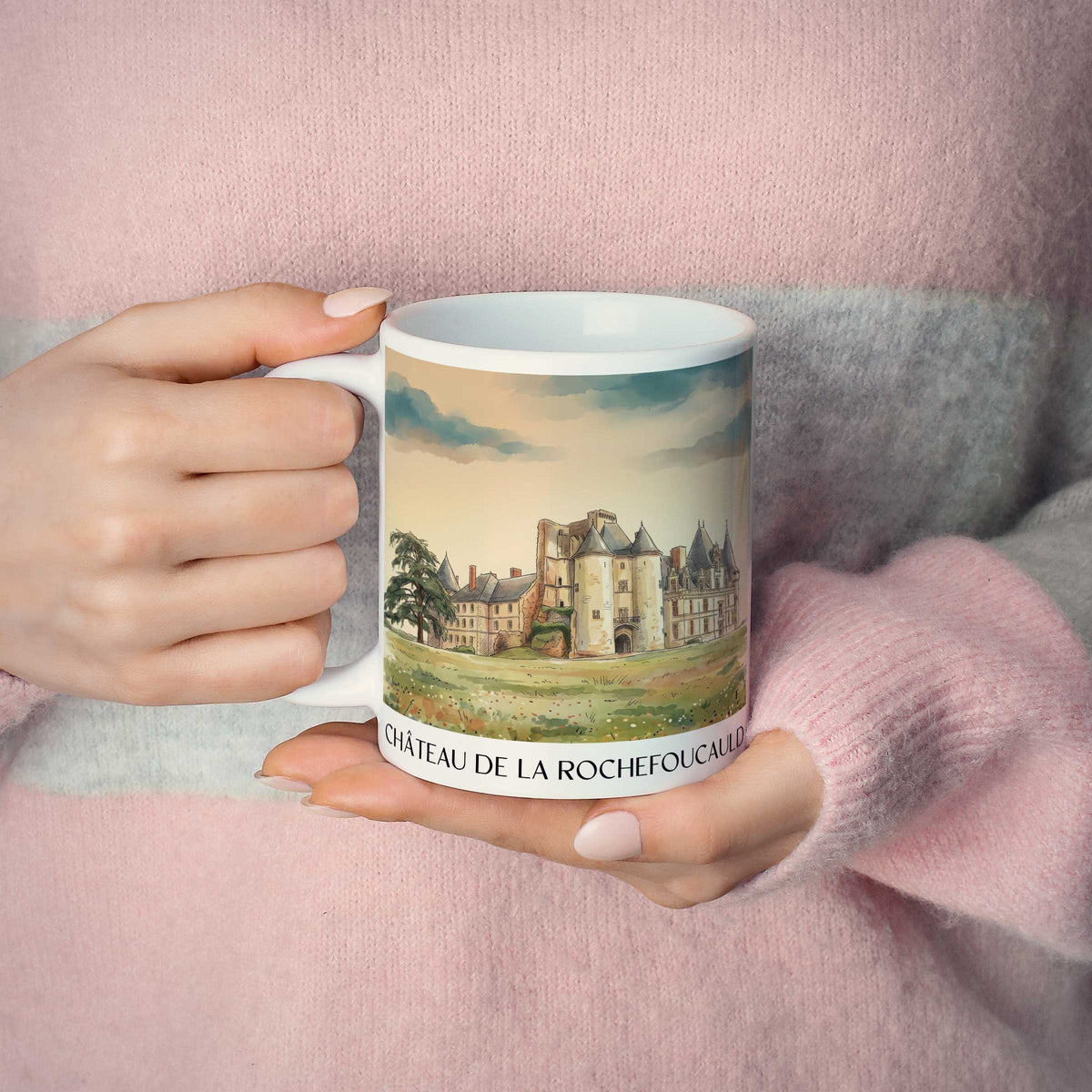 château-de-la-rochefoucauld-charente-frankreich-kaffeebecher-aquarell
