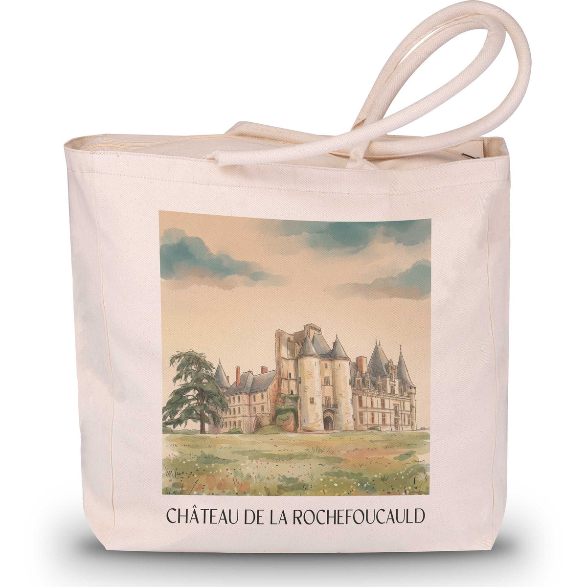 château-de-la-rochefoucauld-charente-frankreich-einkaufstasche-aquarell