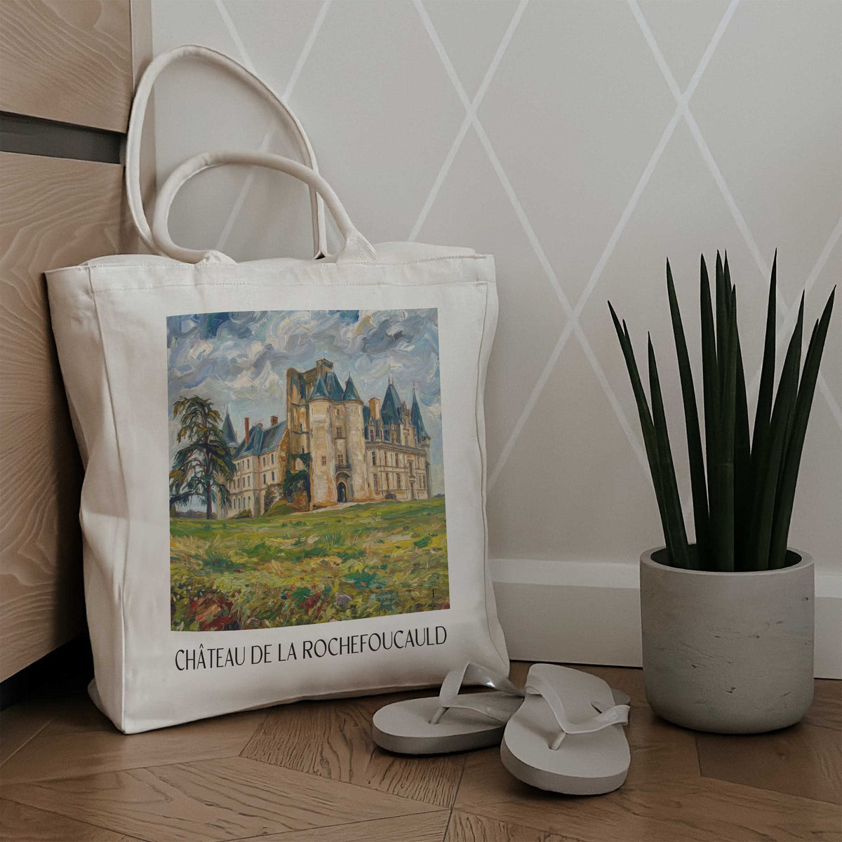 château-de-la-rochefoucauld-charente-frankreich-einkaufstasche-oil-painting-oelgemaelde