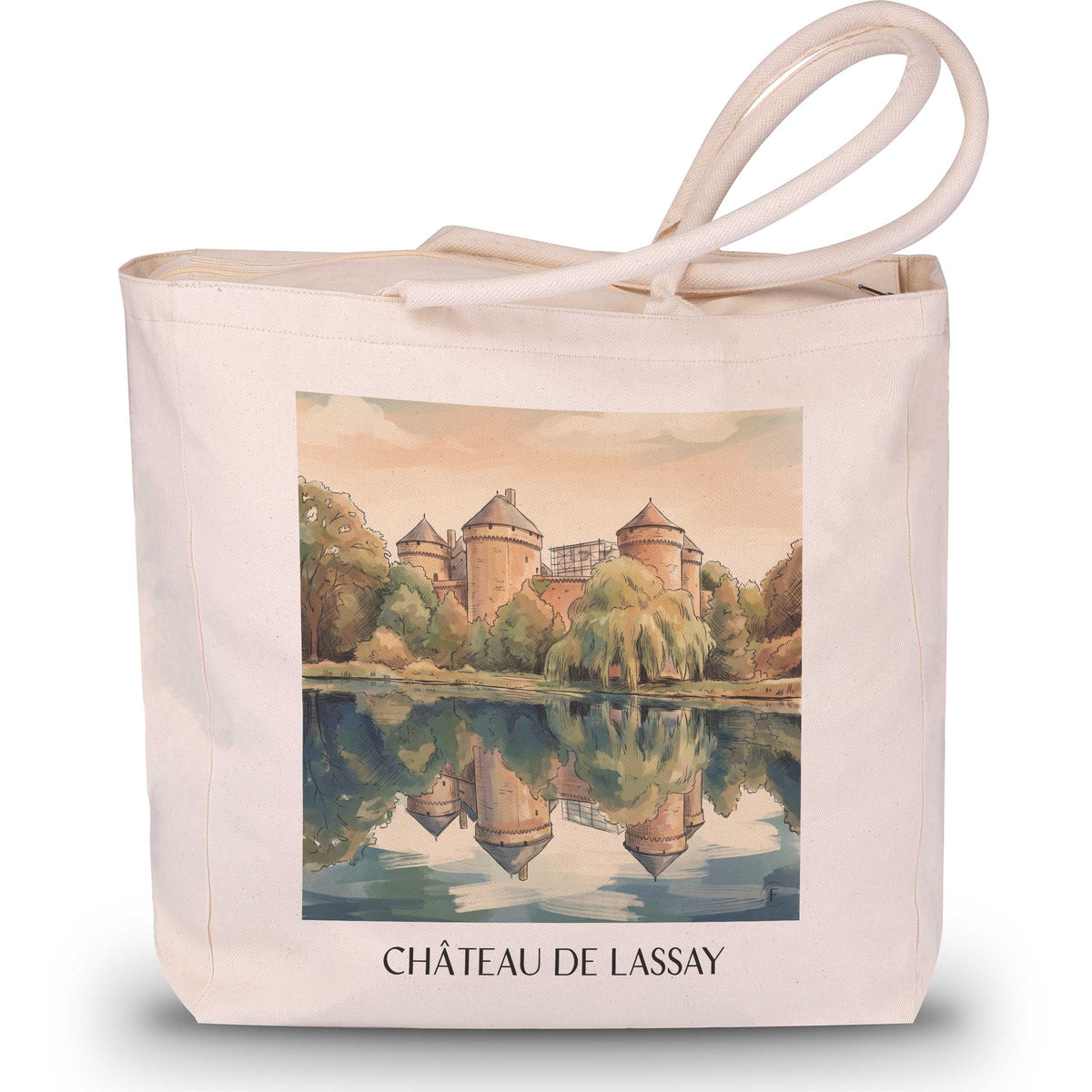 château-de-lassay-lassay-les-châteaux-frankreich-einkaufstasche-aquarell