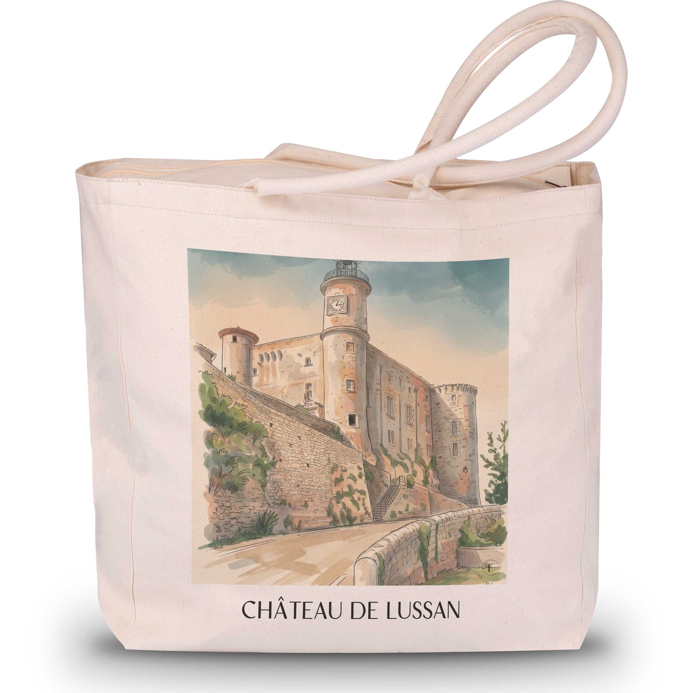 château-de-lussan-okzitanien-frankreich-einkaufstasche-aquarell