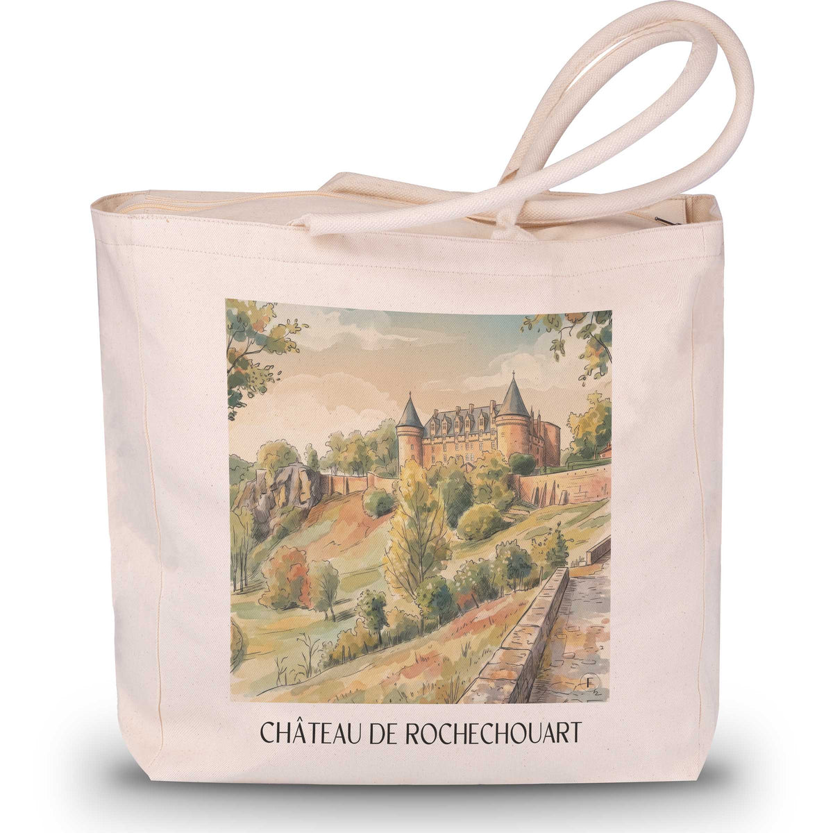 château-de-rochechouart-haute-vienne-frankreich-einkaufstasche-aquarell