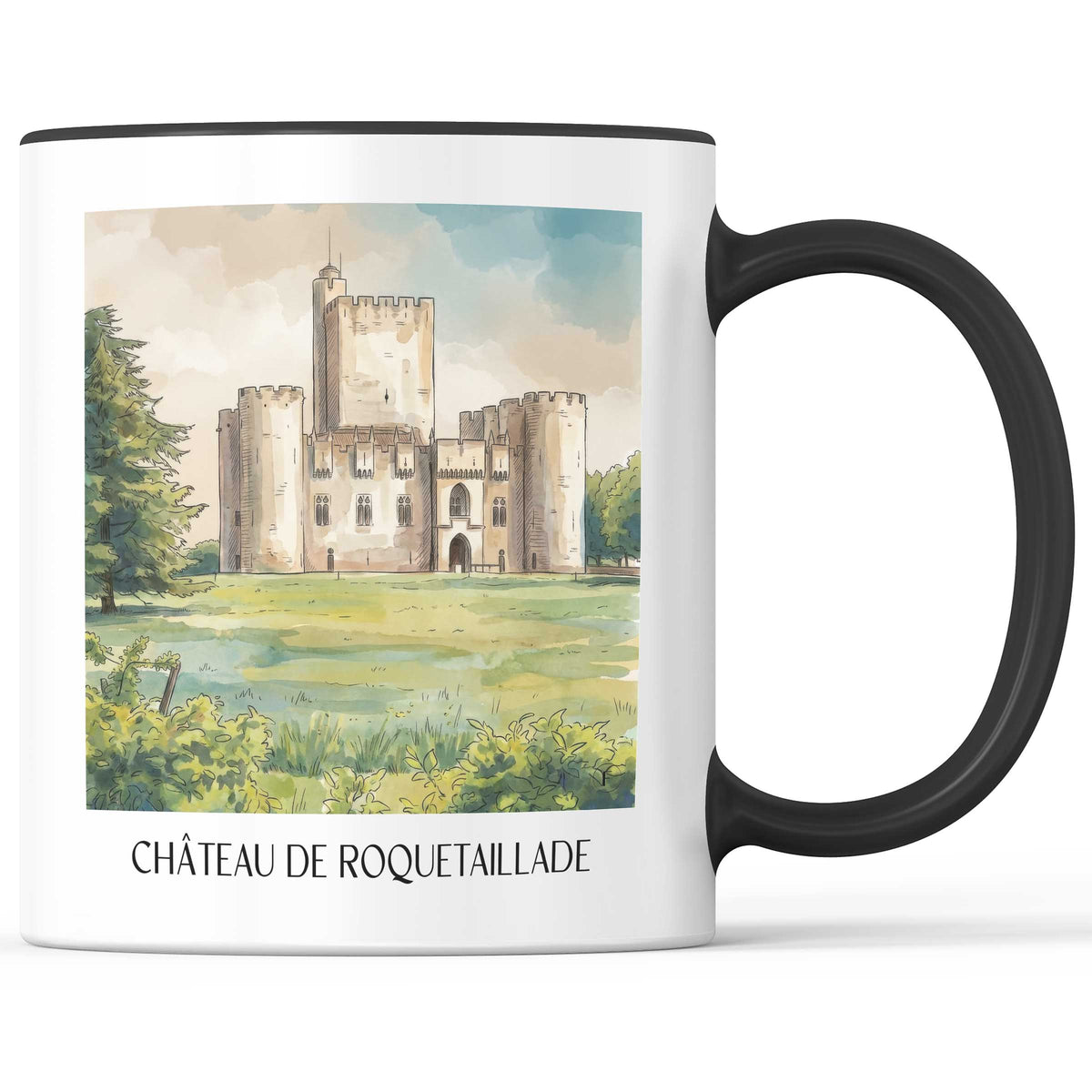 château-de-roquetaillade-entre-deux-mers-frankreich-kaffeebecher-aquarell