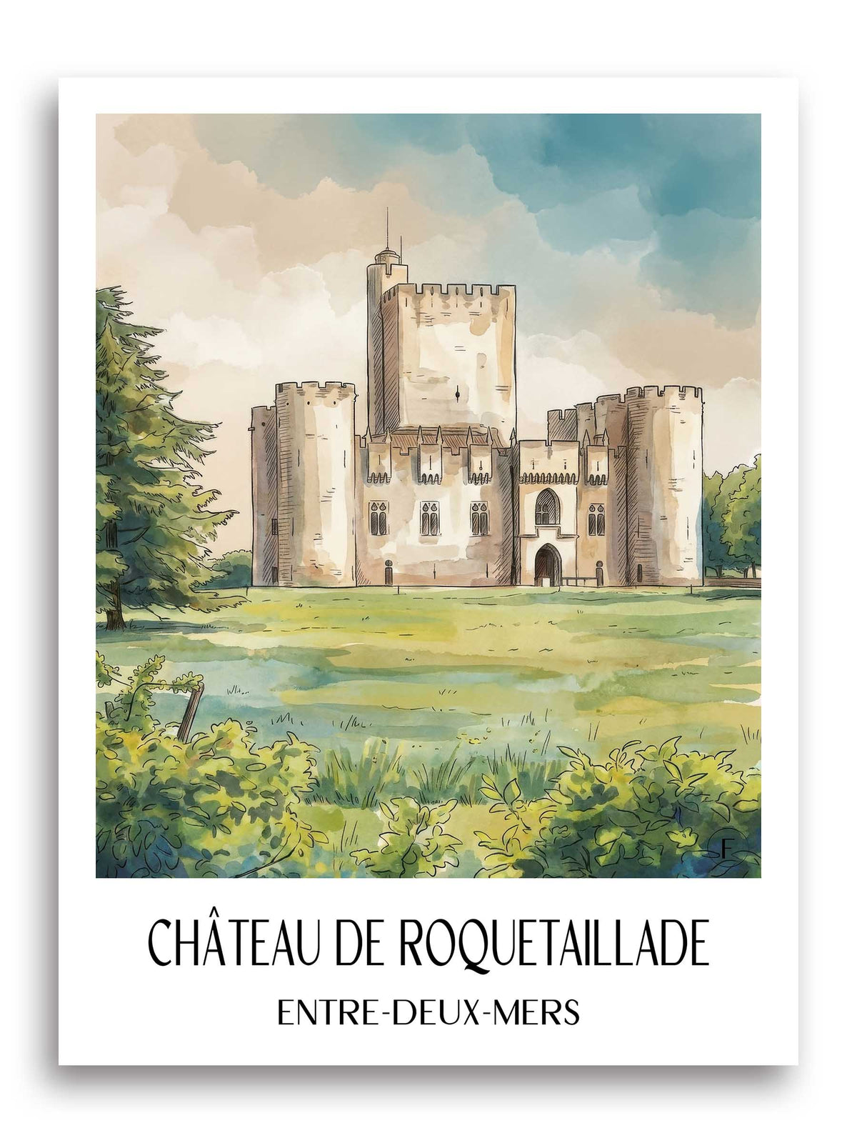 château-de-roquetaillade-entre-deux-mers-frankreich-poster-aquarell