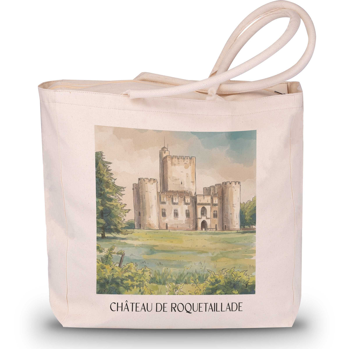 château-de-roquetaillade-entre-deux-mers-frankreich-einkaufstasche-aquarell