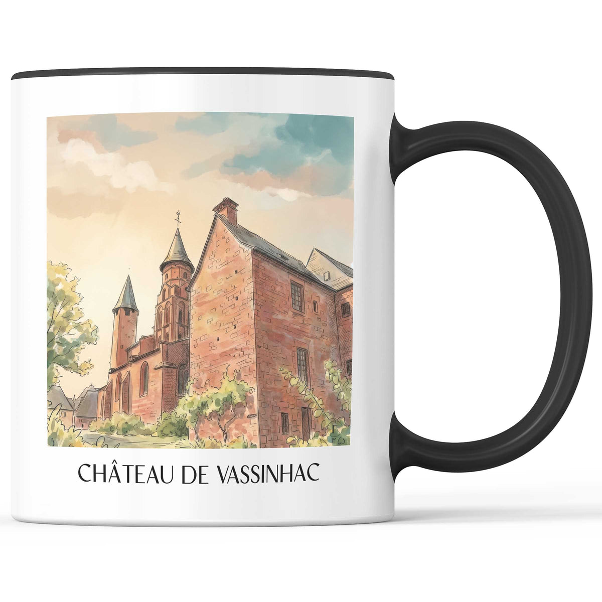 château-de-vassinhac-collonges-la-rouge-frankreich-kaffeebecher-aquarell