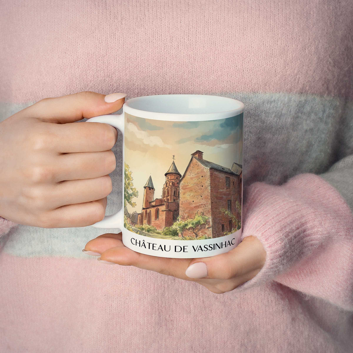 château-de-vassinhac-collonges-la-rouge-frankreich-kaffeebecher-aquarell