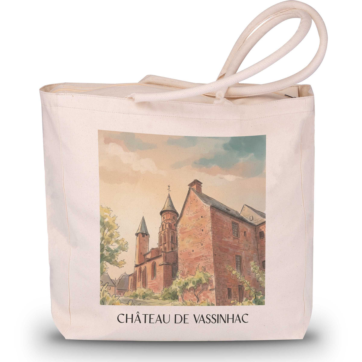château-de-vassinhac-collonges-la-rouge-frankreich-einkaufstasche-aquarell