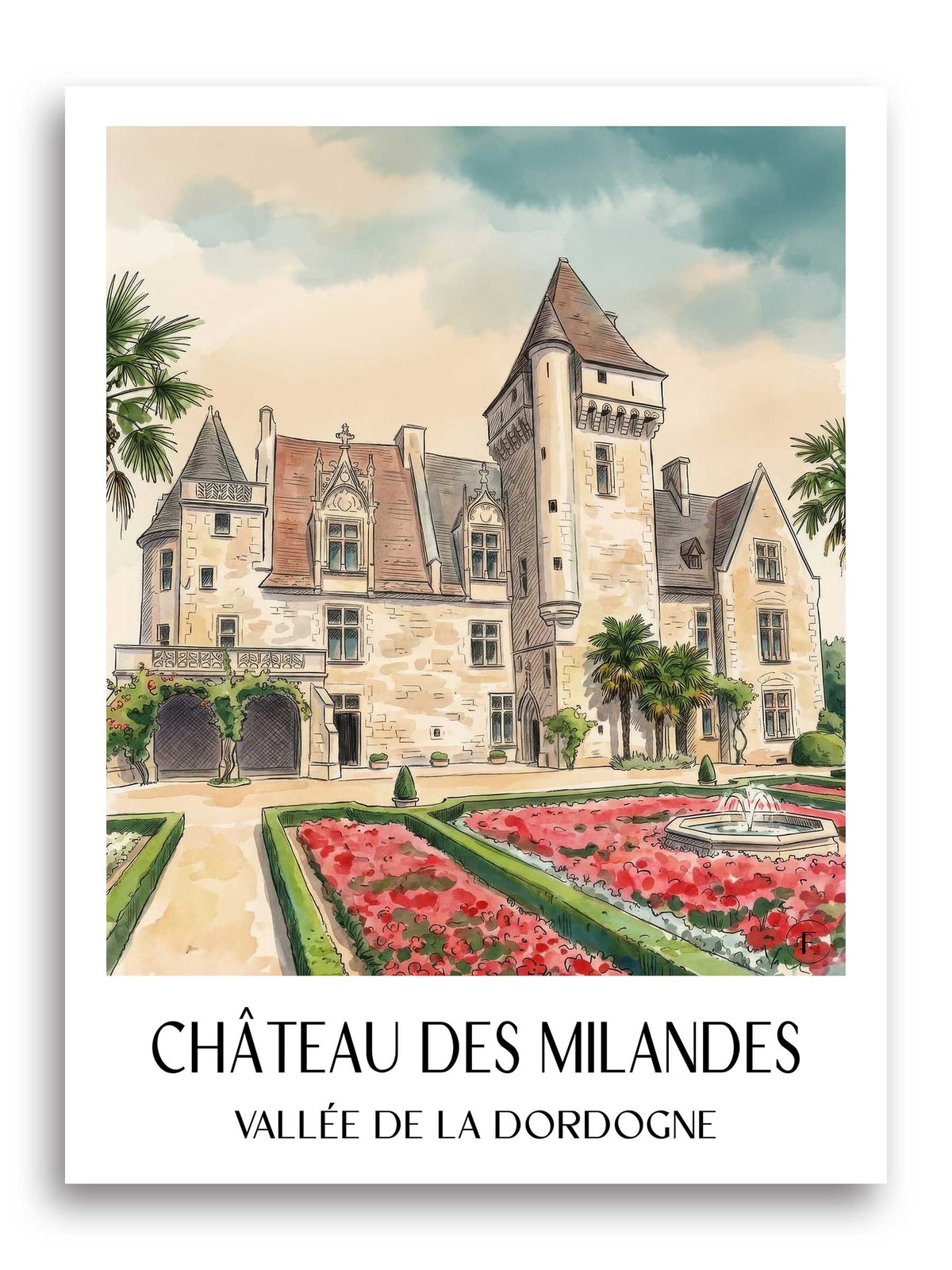 château-des-milandes-vallée-de-la-dordogne-frankreich-poster-aquarell