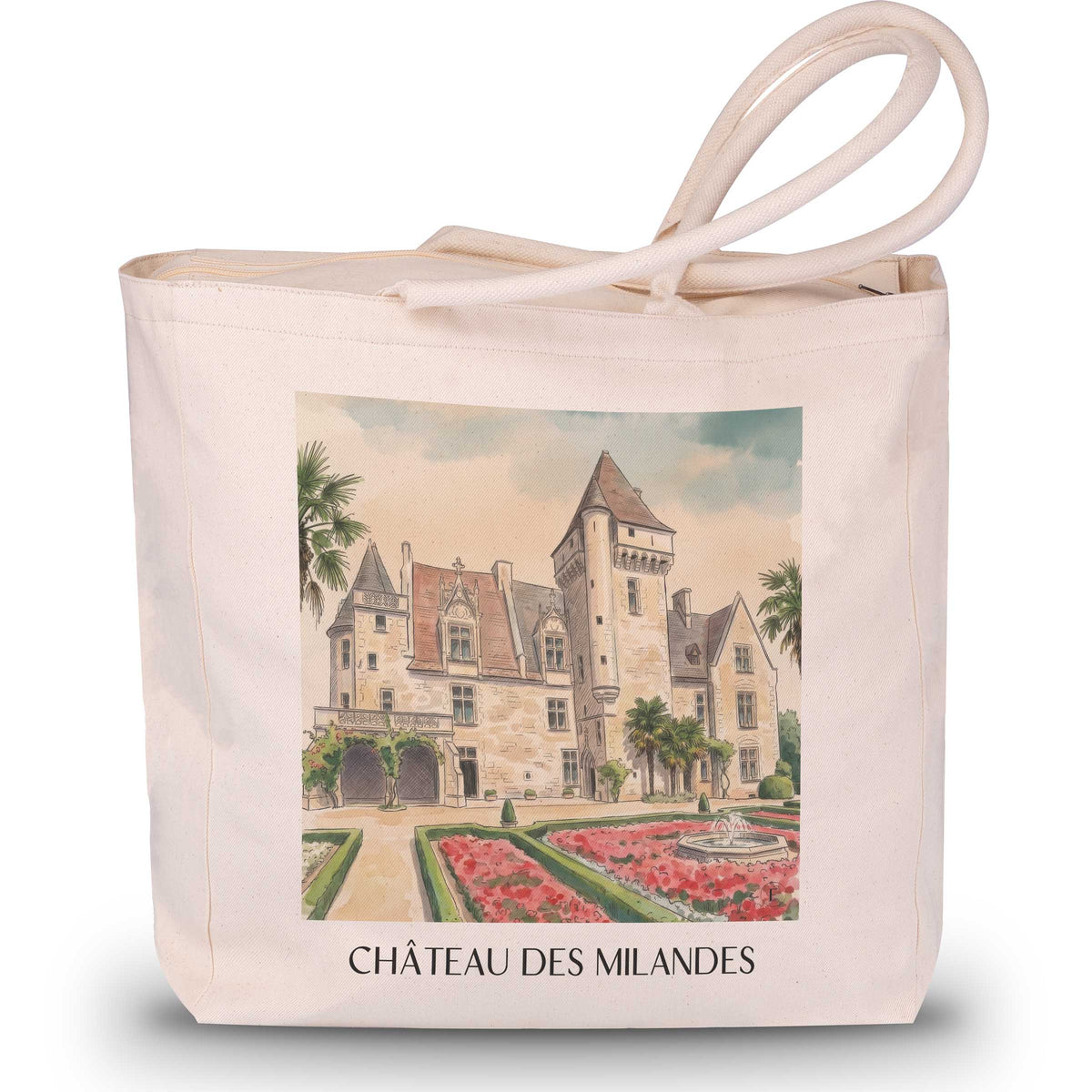 château-des-milandes-vallée-de-la-dordogne-frankreich-einkaufstasche-aquarell