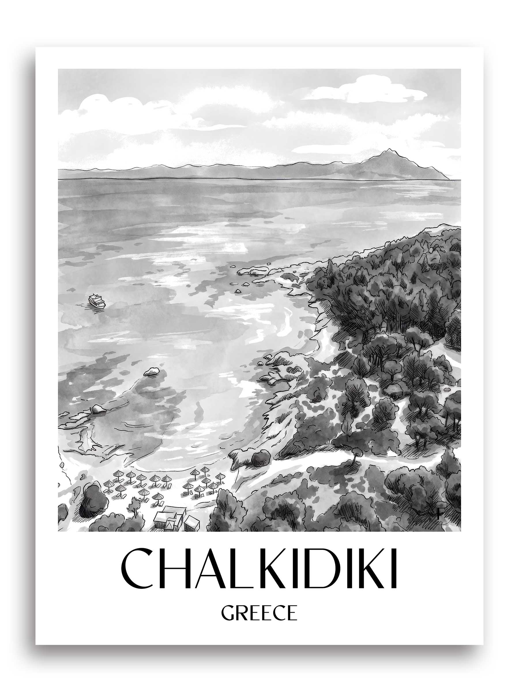 Chalkidiki Poster - - Griechenland Kunstdruck - Aquarell Schwarz-Weiß von A4 bis A1 - favplace