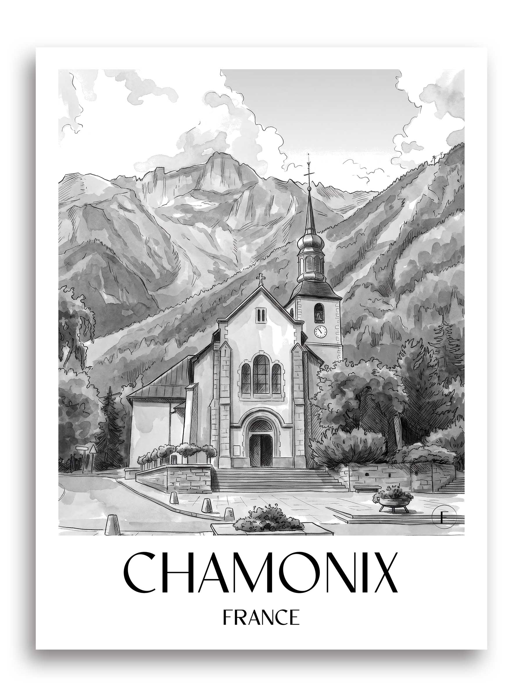 Chamonix Poster - - Frankreich Kunstdruck - Aquarell Schwarz-Weiß von A4 bis A1 - favplace