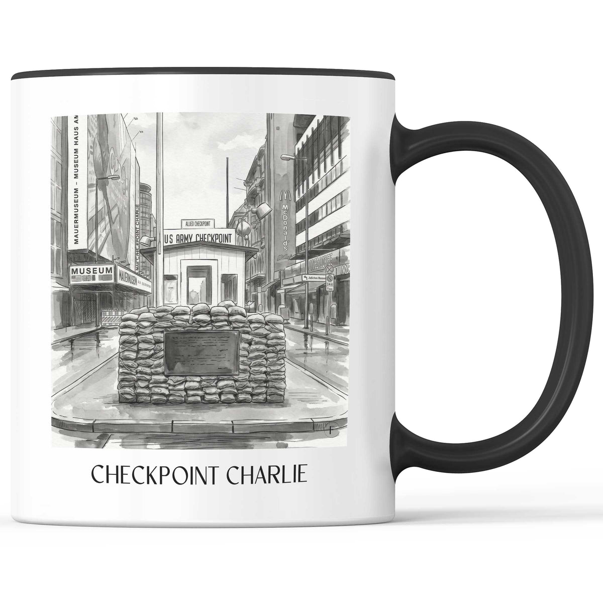 Checkpoint Charlie Kaffeebecher - Berlin - Deutschland Becher - Kaffeetasse im Aquarell Schwarz-Weiß Stil - favplace