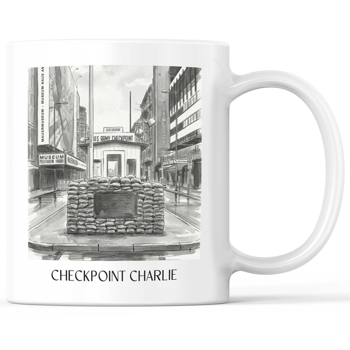 Checkpoint Charlie Kaffeebecher - Berlin - Deutschland Becher - Kaffeetasse im Aquarell Schwarz-Weiß Stil - favplace