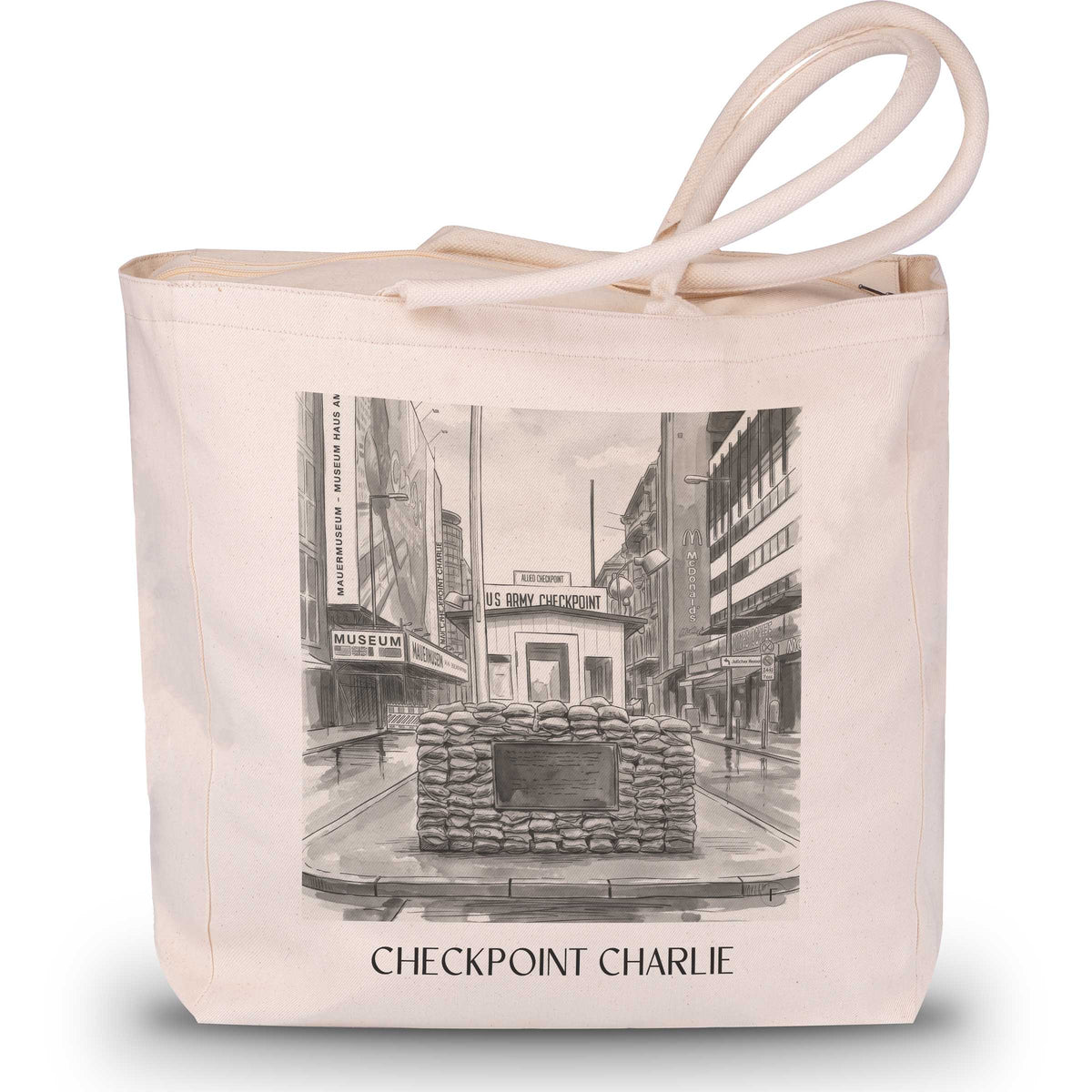 Checkpoint Charlie Shopping Tasche - Berlin - Deutschland Tote Bag - Einkaufstasche im Aquarell Schwarz-Weiß Stil - favplace