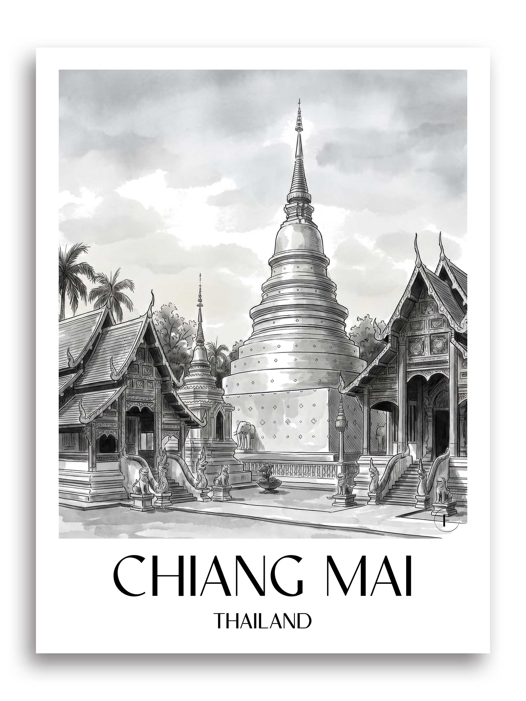 Chiang Mai Poster - - Thailand Kunstdruck - Aquarell Schwarz-Weiß von A4 bis A1 - favplace