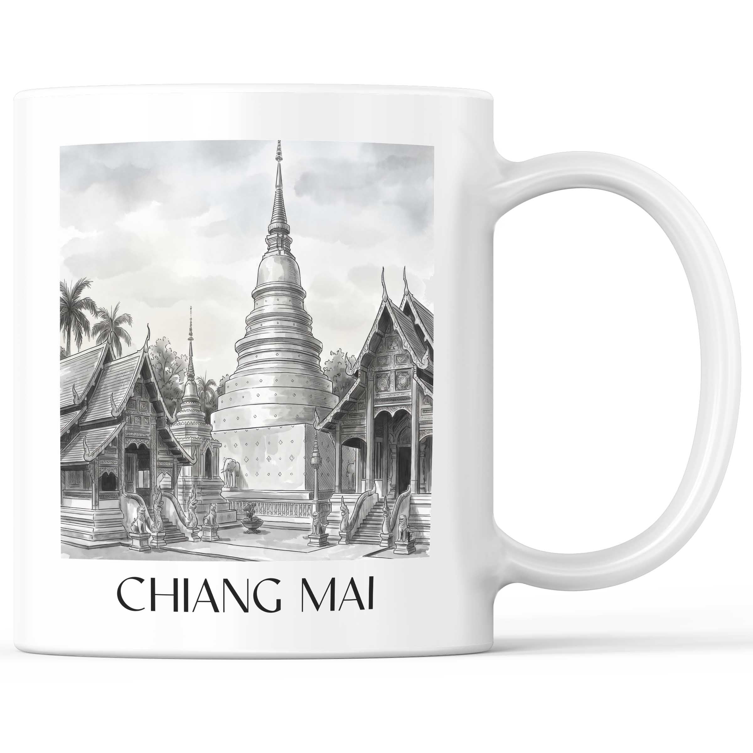 Chiang Mai - Thailand Becher - Kaffeetasse im Aquarell Schwarz-Weiß Stil - favplace