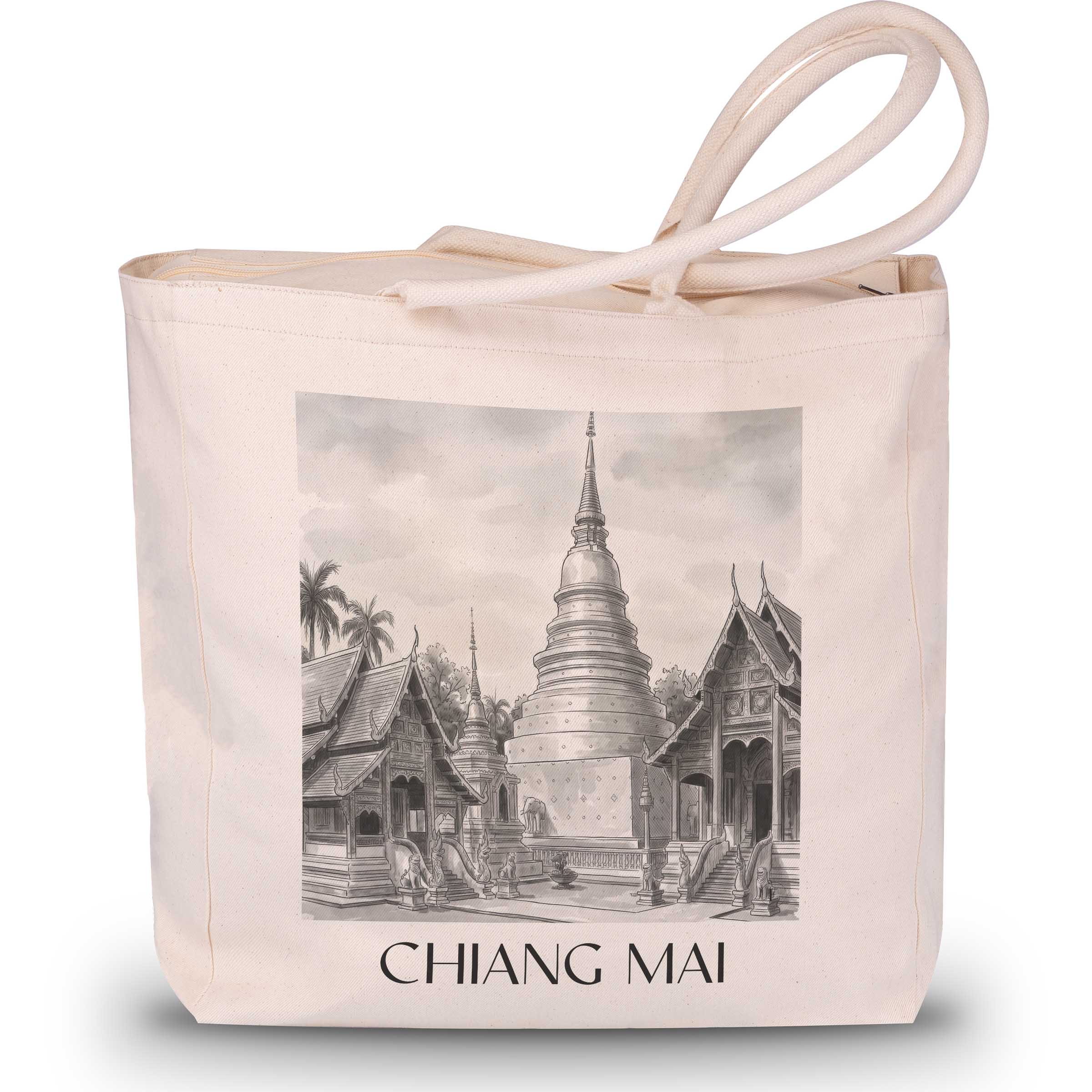 Chiang Mai - Thailand Tote Bag - Einkaufstasche im Aquarell Schwarz-Weiß Stil - favplace
