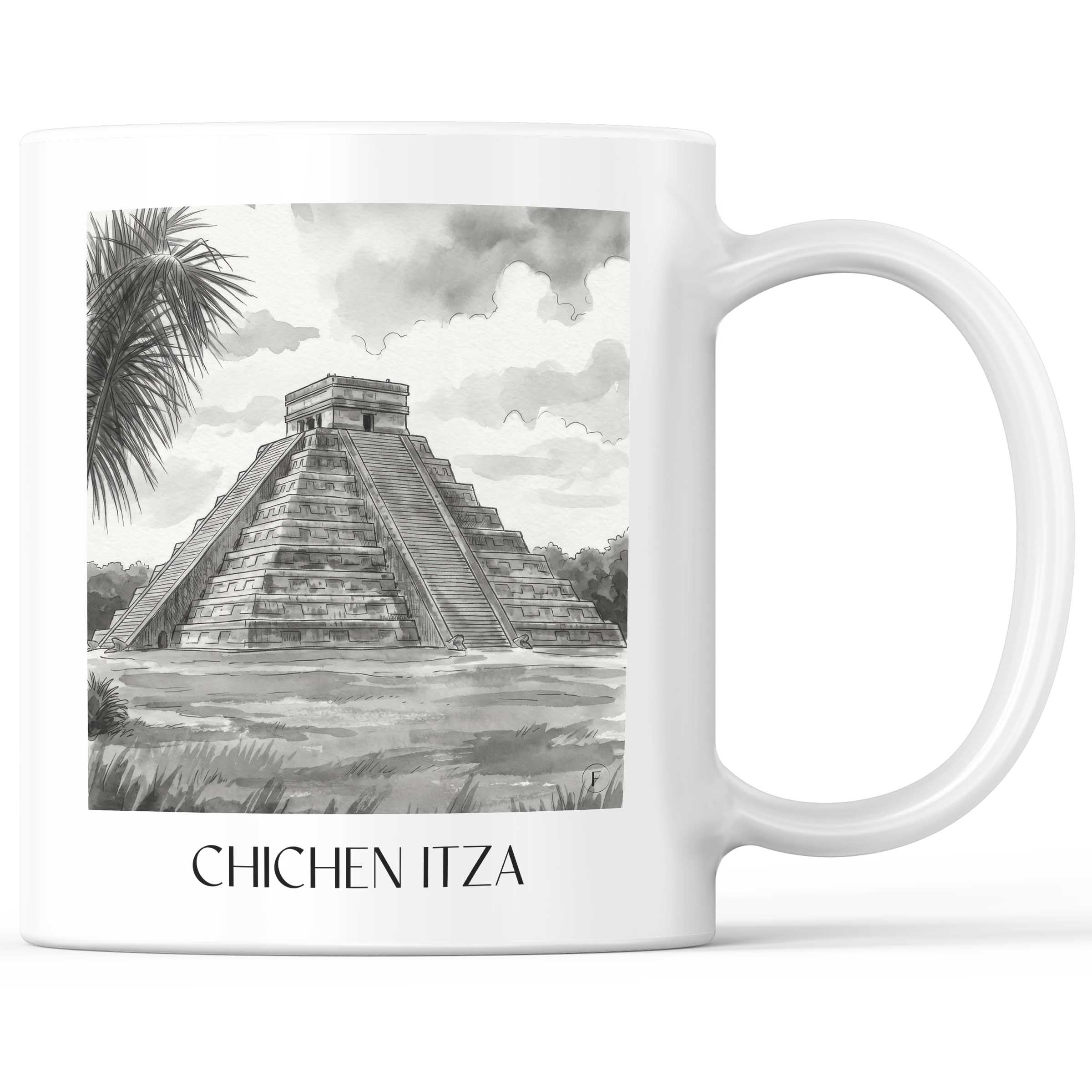 Chichén Itzá - Mexiko Becher - Kaffeetasse im Aquarell Schwarz-Weiß Stil - favplace