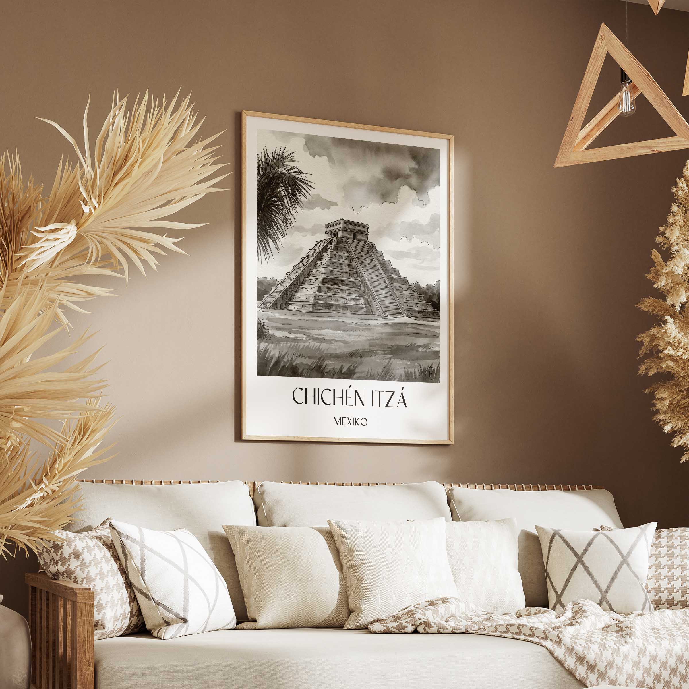 chichén-itzá-mexiko-poster-aquarell-schwarz-weiss