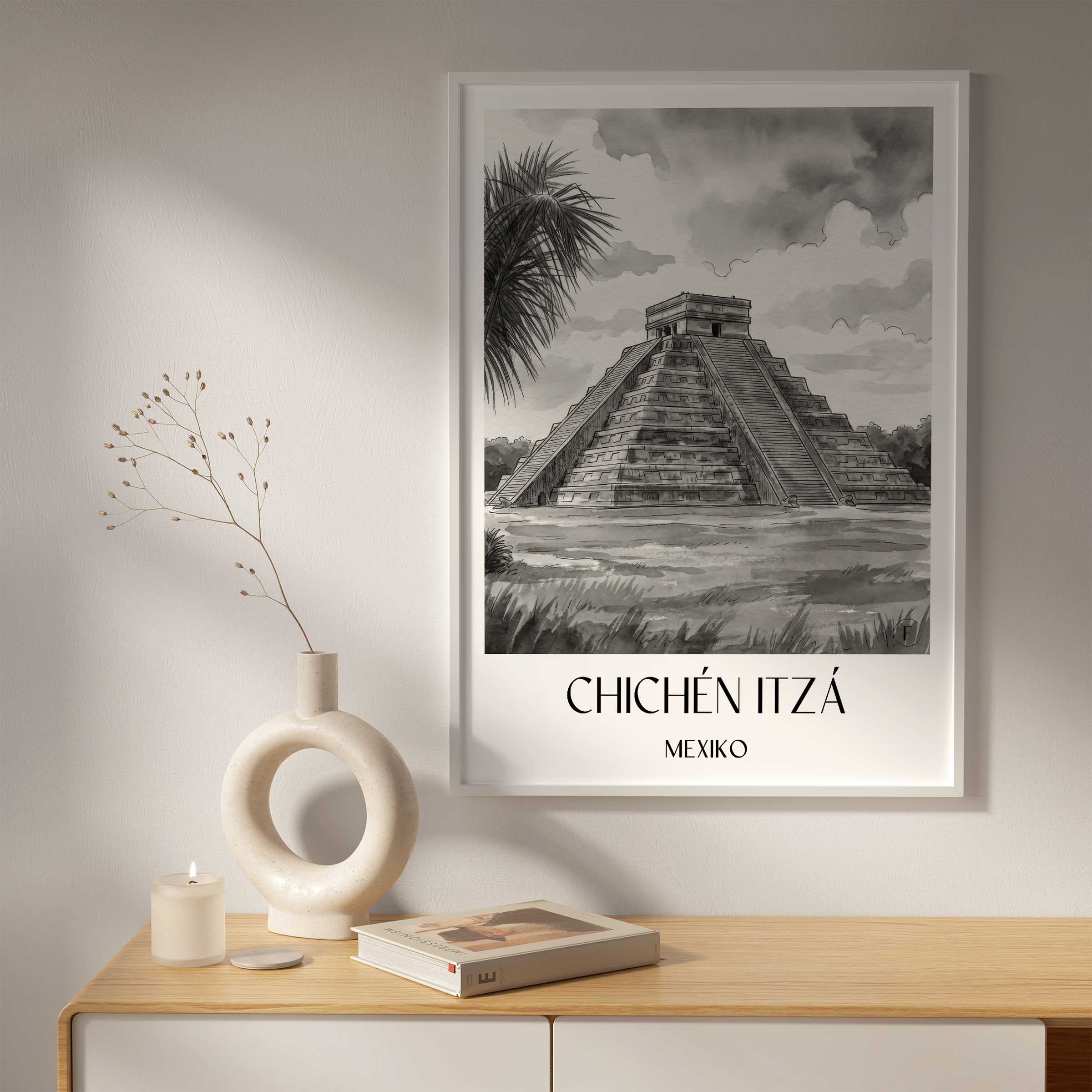 chichén-itzá-mexiko-poster-aquarell-schwarz-weiss