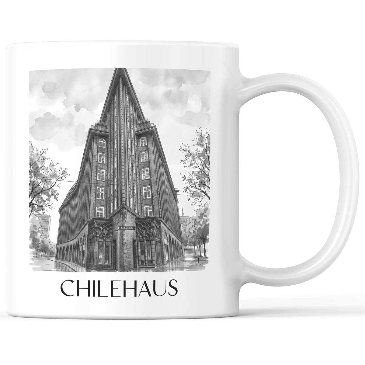 Chilehaus Kaffeebecher - Hamburg - Deutschland Becher - Kaffeetasse im Aquarell Schwarz-Weiß Stil - favplace