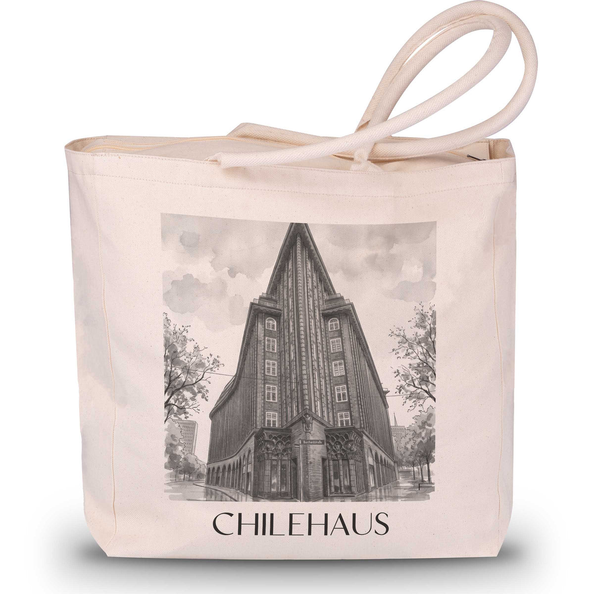 Chilehaus Shopping Tasche - Hamburg - Deutschland Tote Bag - Einkaufstasche im Aquarell Schwarz-Weiß Stil - favplace