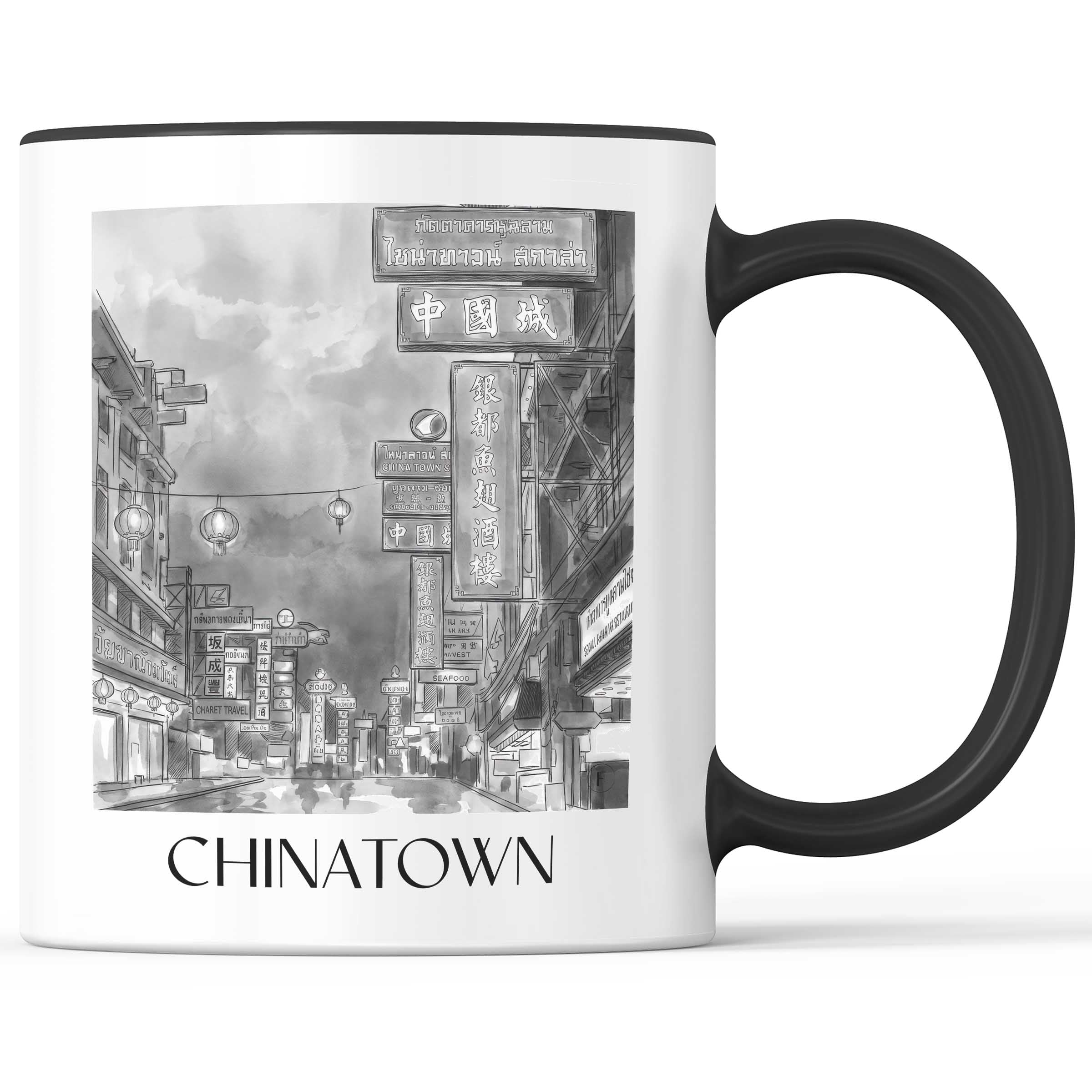 Chinatown Kaffeebecher - Bangkok - Thailand Becher - Kaffeetasse im Aquarell Schwarz-Weiß Stil - favplace