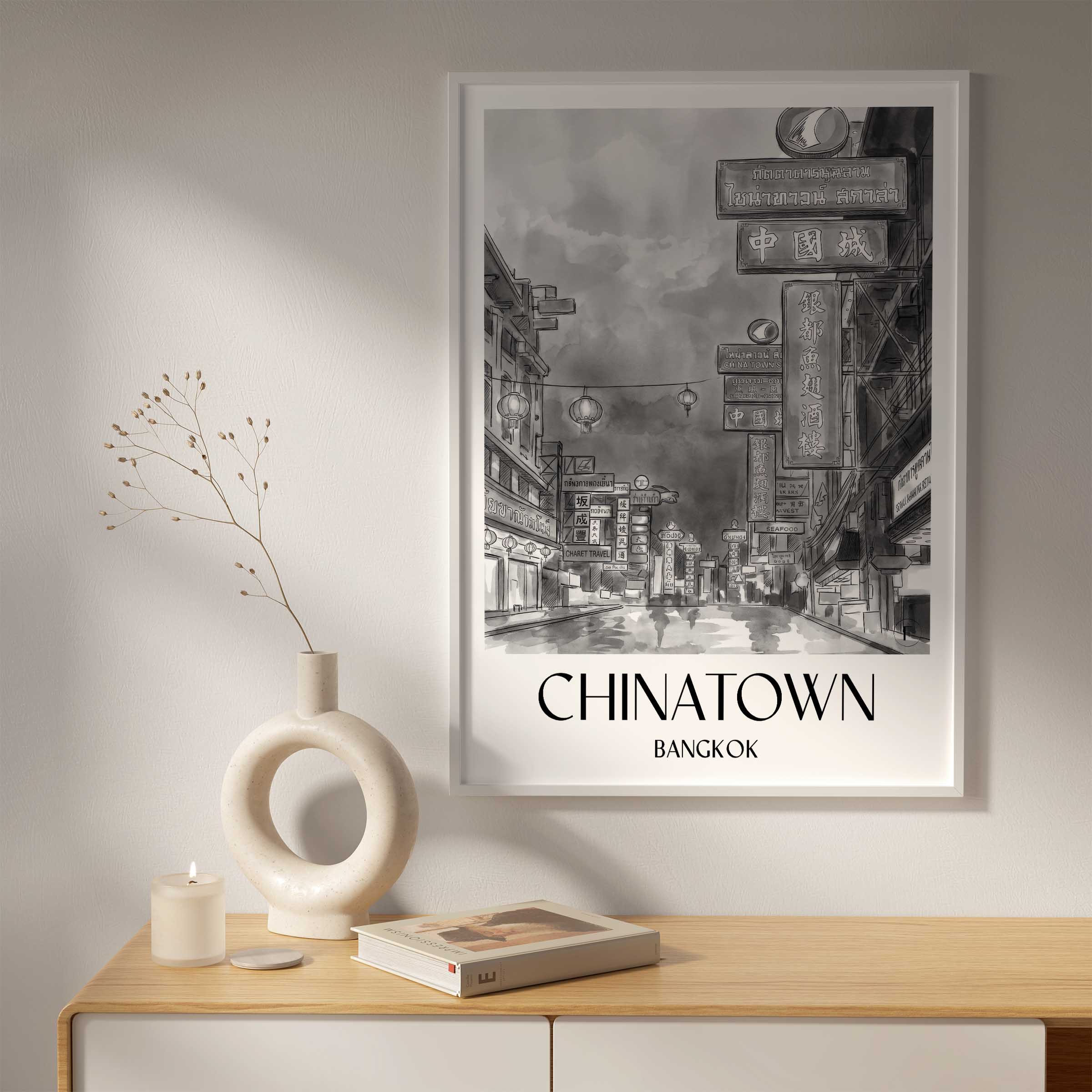chinatown-bangkok-thailand-poster-aquarell-schwarz-weiss