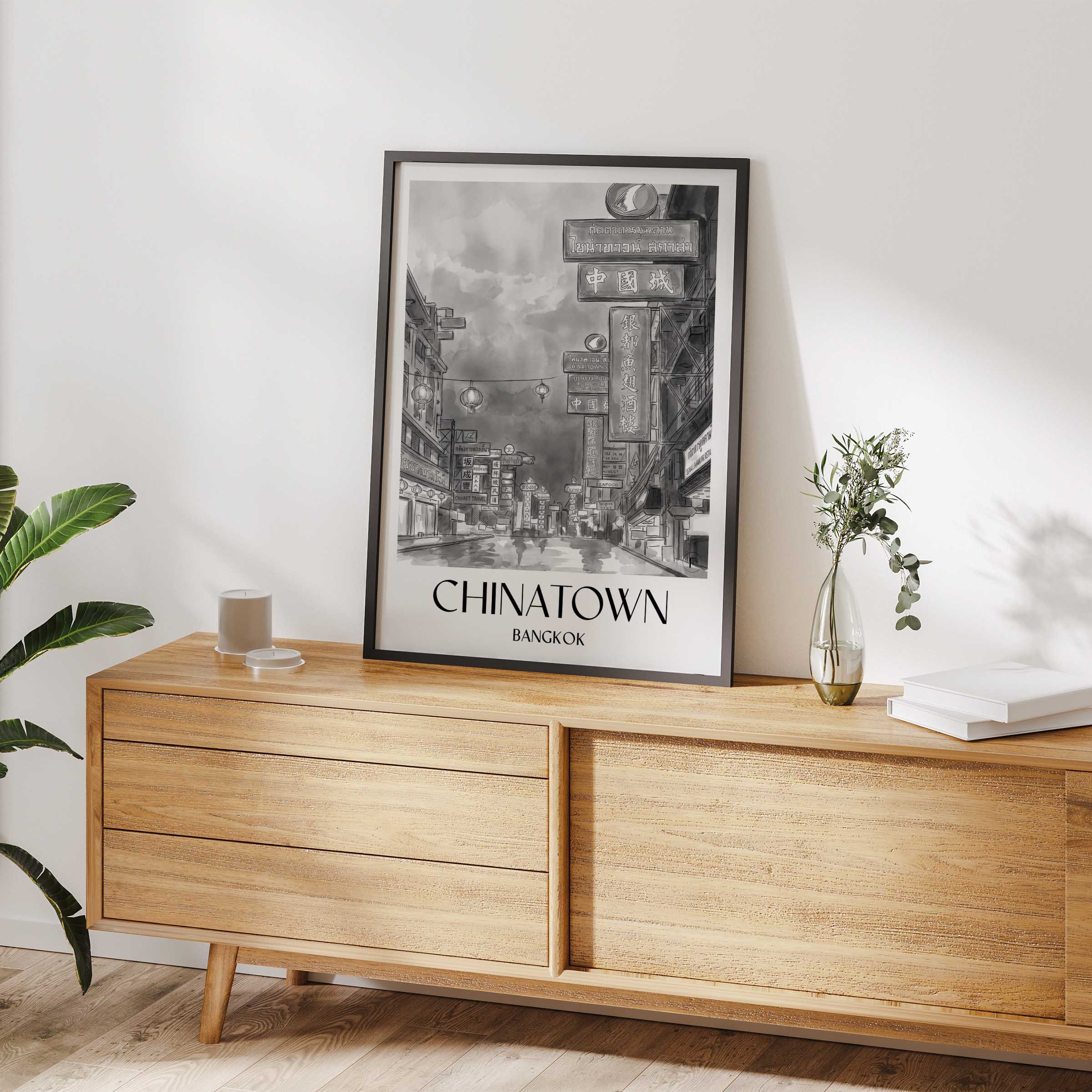 chinatown-bangkok-thailand-poster-aquarell-schwarz-weiss