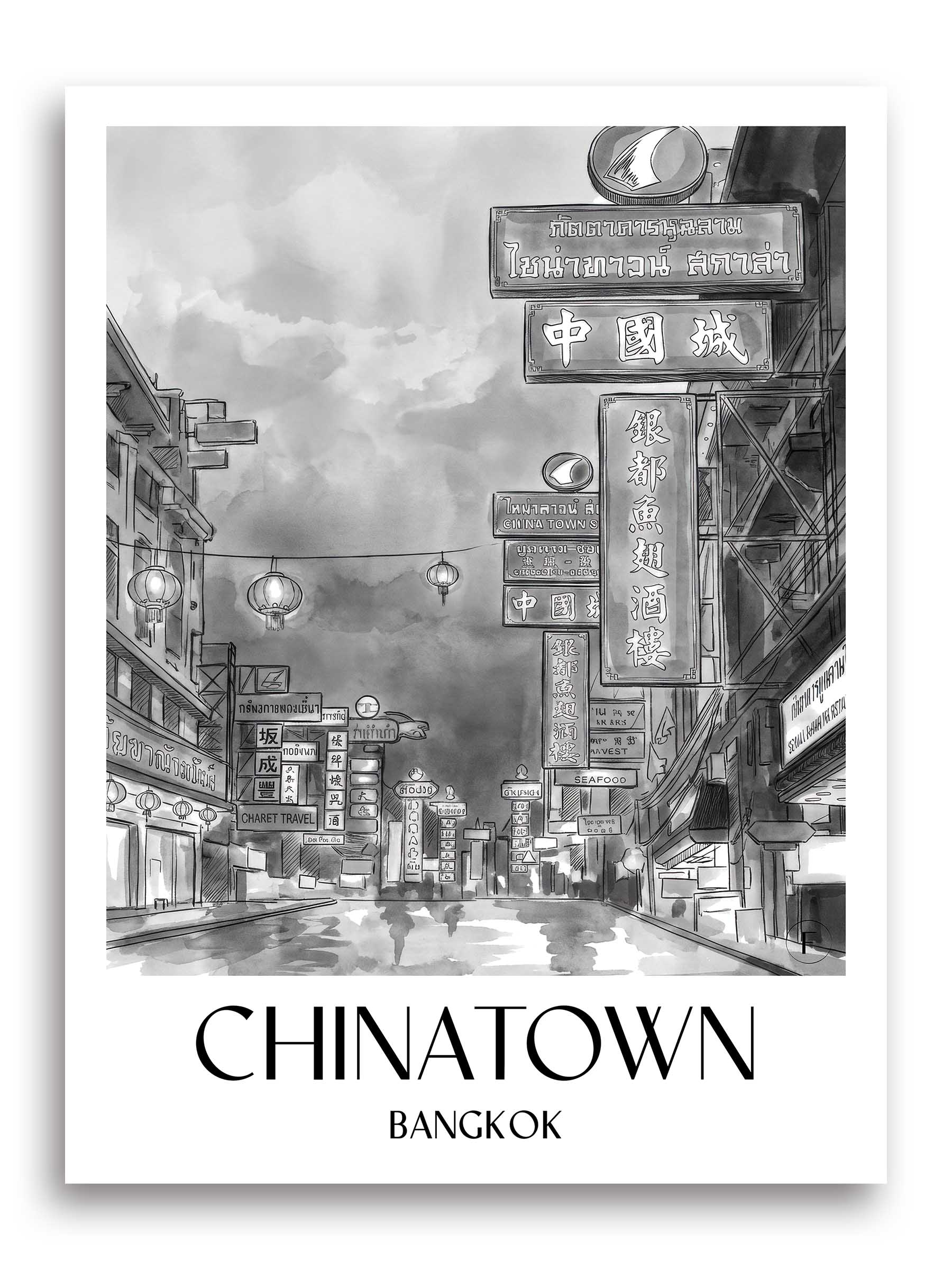 Chinatown Poster - Bangkok - Thailand Kunstdruck - Aquarell Schwarz-Weiß von A4 bis A1 - favplace