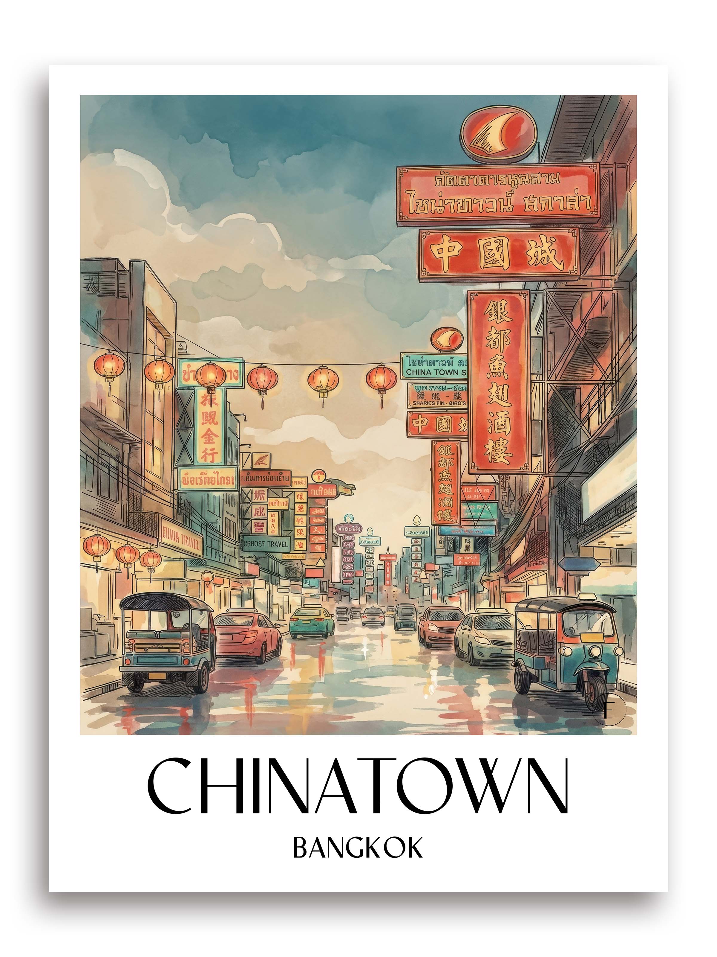 Chinatown Poster - Bangkok - Thailand Kunstdruck - Aquarell von A4 bis A1 - favplace