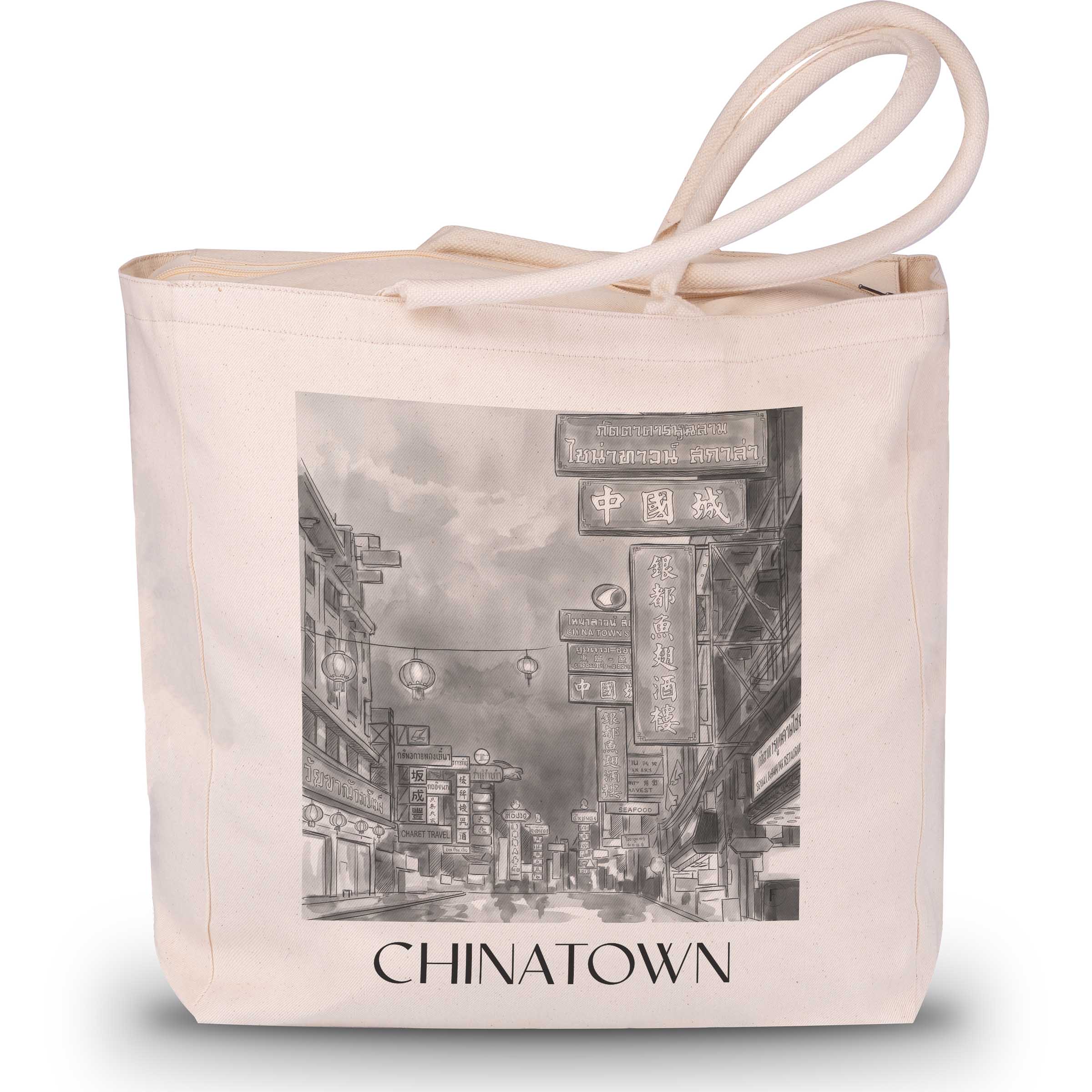 Chinatown Shopping Tasche - Bangkok - Thailand Tote Bag - Einkaufstasche im Aquarell Schwarz-Weiß Stil - favplace