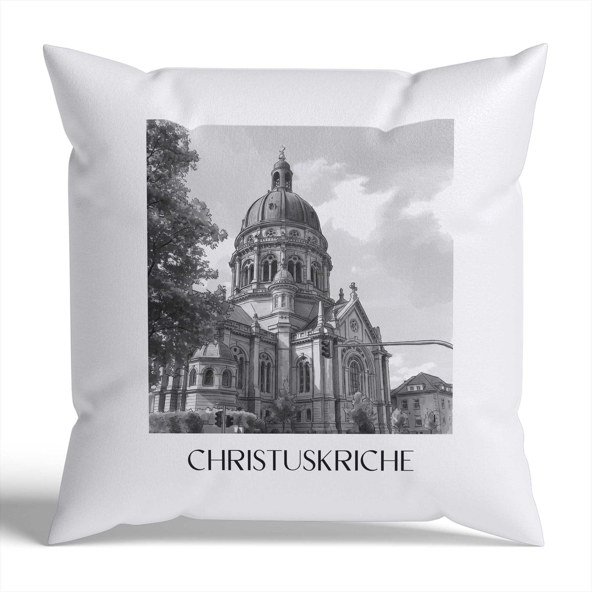 christuskriche-mainz-deutschland-kissenbezug-aquarell-schwarz-weiss
