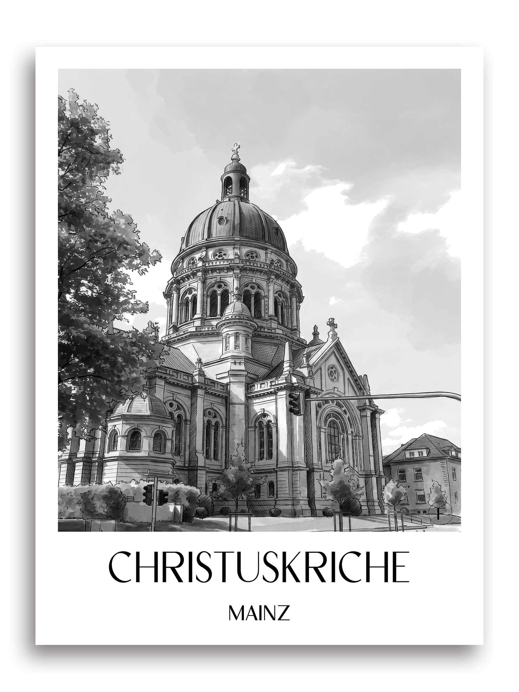 christuskriche-mainz-deutschland-poster-aquarell-schwarz-weiss
