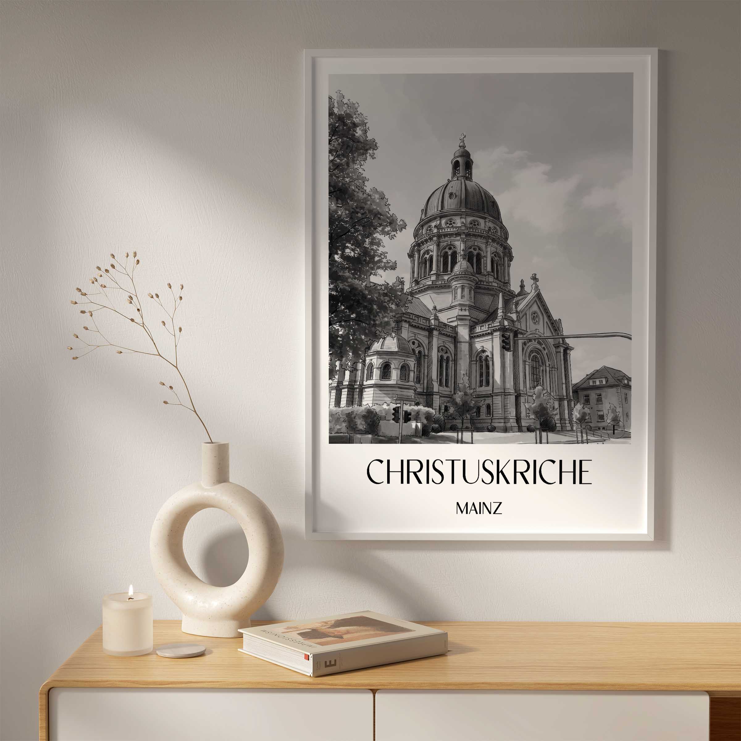 christuskriche-mainz-deutschland-poster-aquarell-schwarz-weiss
