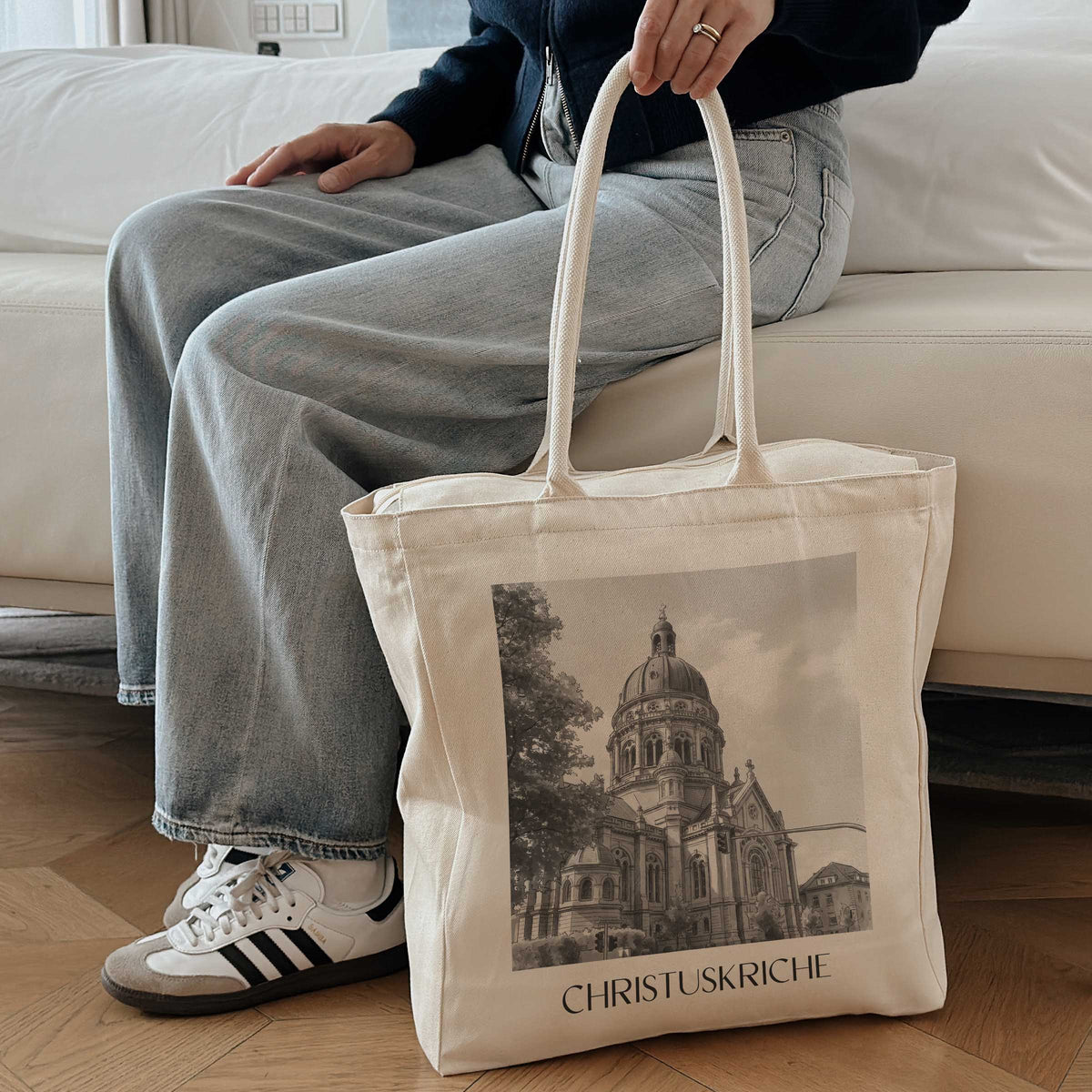 christuskriche-mainz-deutschland-einkaufstasche-aquarell-schwarz-weiss