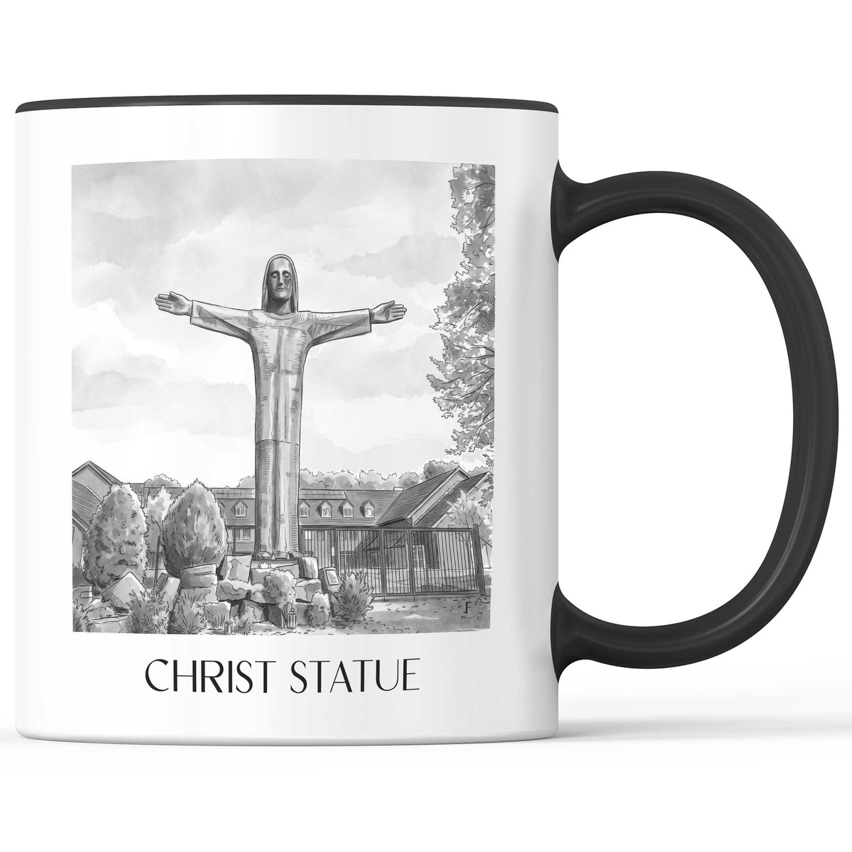 Christusstatue Kaffeebecher - Sankt Augustin - Deutschland Becher - Kaffeetasse im Aquarell Schwarz-Weiß Stil - favplace