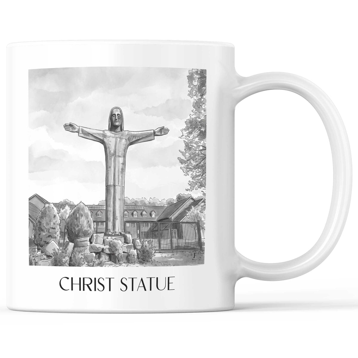 Christusstatue Kaffeebecher - Sankt Augustin - Deutschland Becher - Kaffeetasse im Aquarell Schwarz-Weiß Stil - favplace