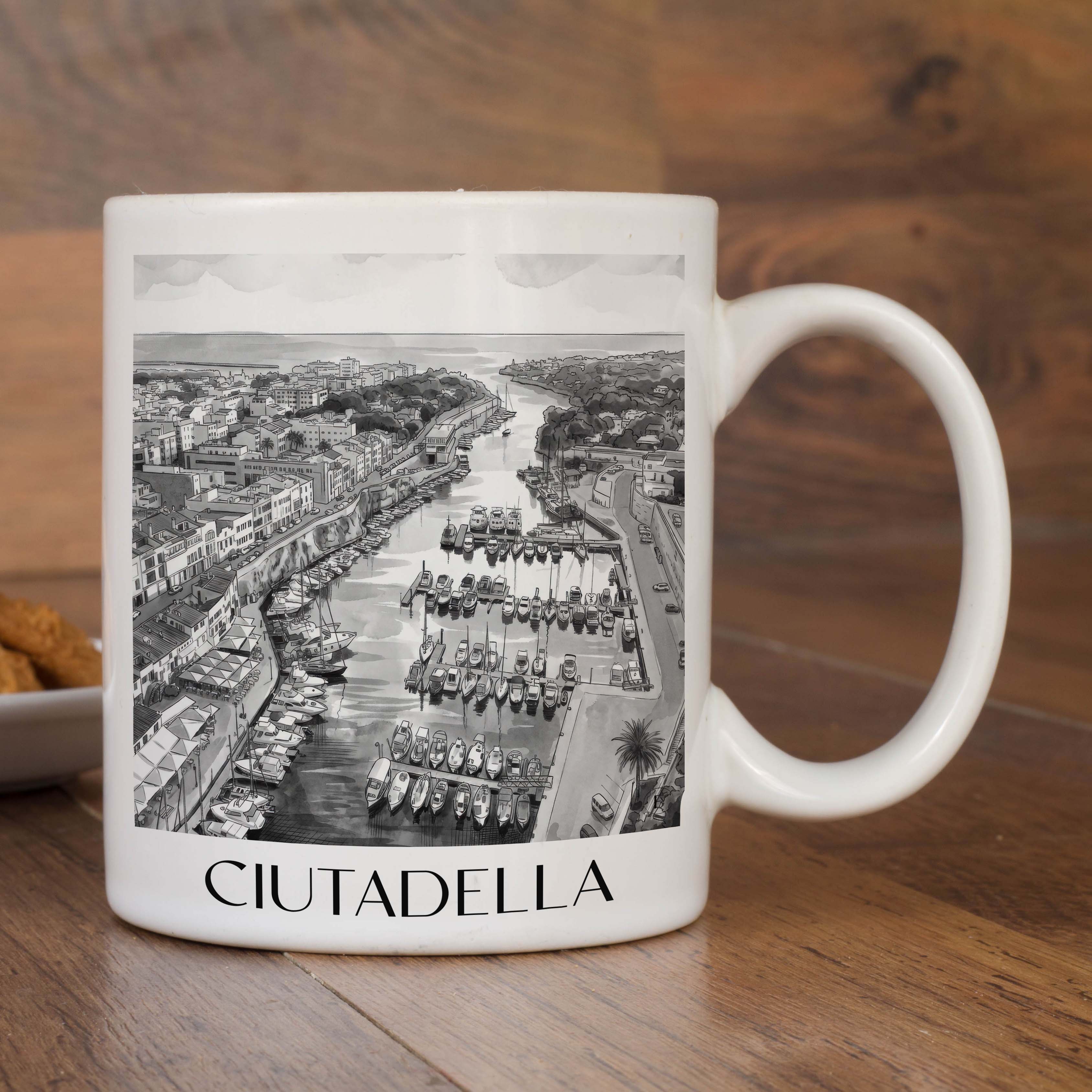 ciutadella-menorca-spanien-kaffeebecher-aquarell-schwarz-weiss