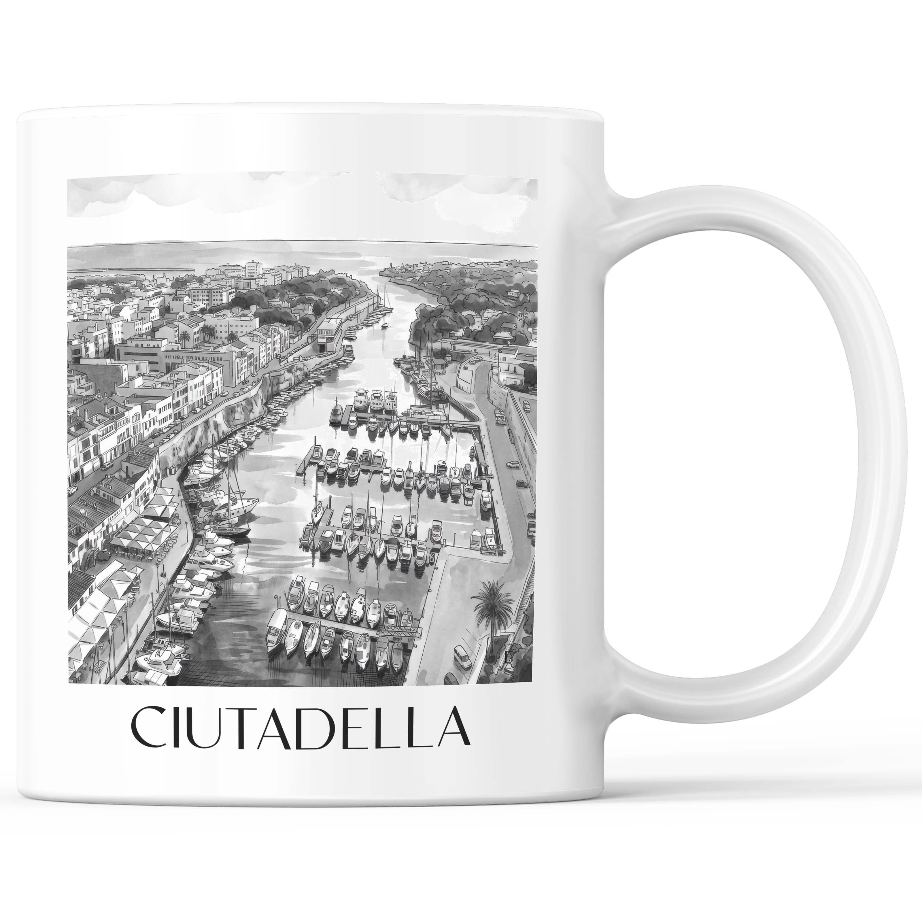 Ciutadella Kaffeebecher - Menorca - Spanien Becher - Kaffeetasse im Aquarell Schwarz-Weiß Stil - favplace