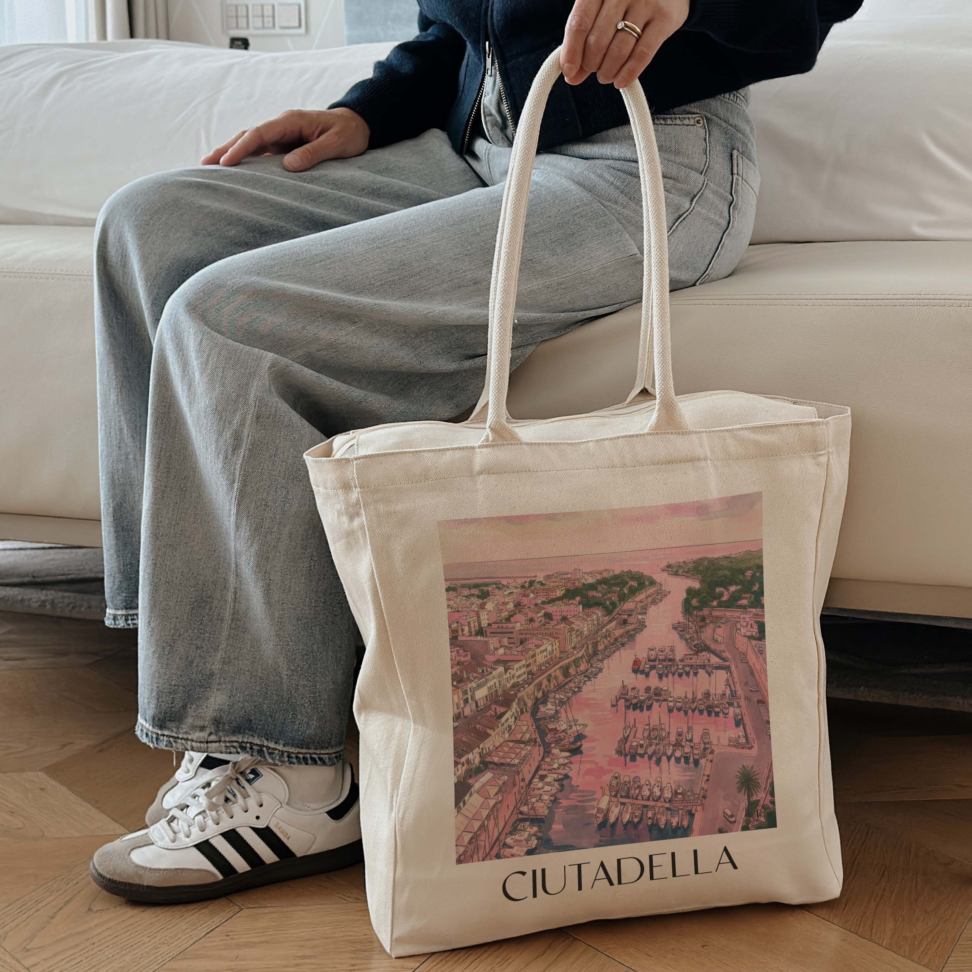 ciutadella-menorca-spanien-einkaufstasche-aquarell-pink-rosa