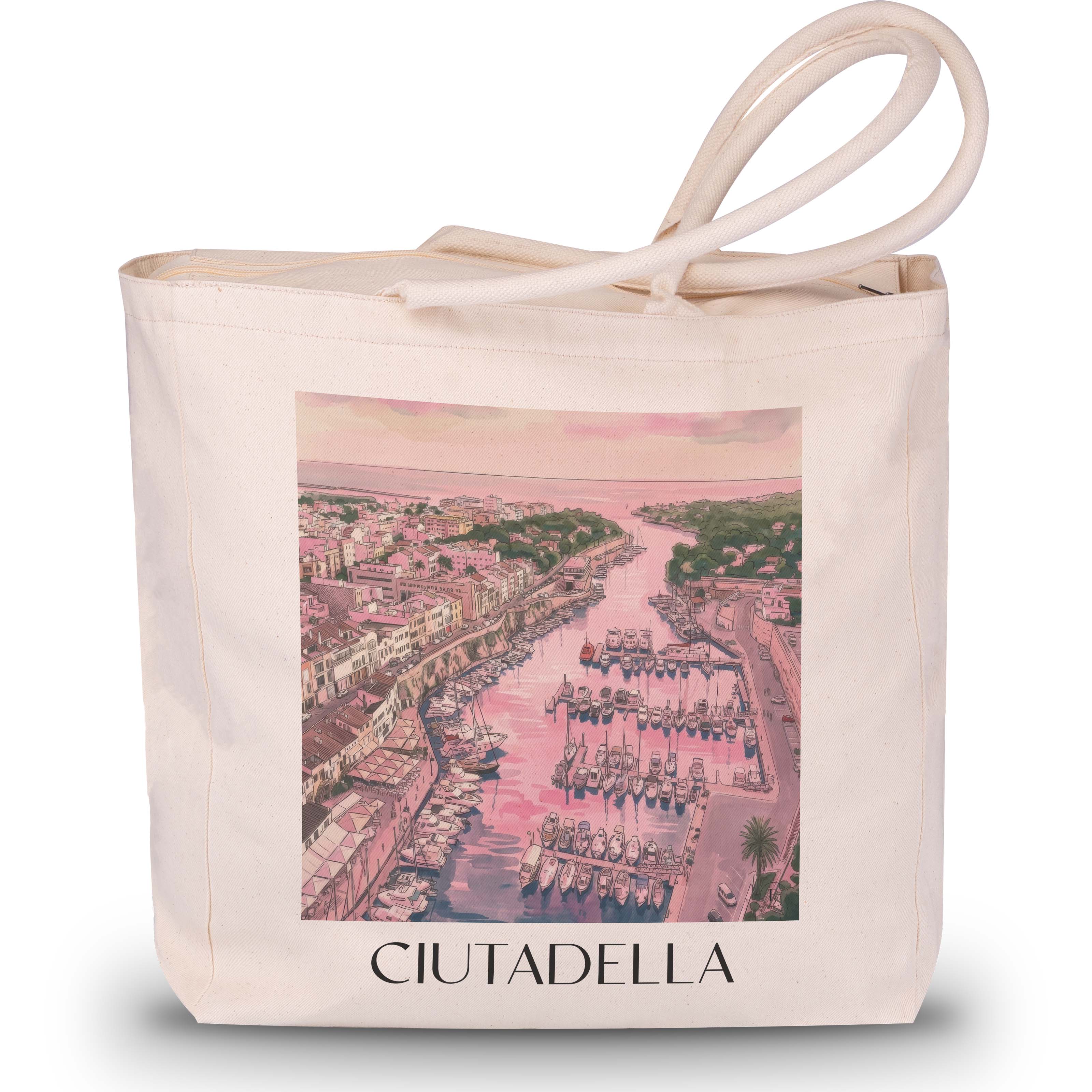 Ciutadella Shopping Tasche - Menorca - Spanien Tote Bag - Einkaufstasche im Aquarell Pink Stil - favplace