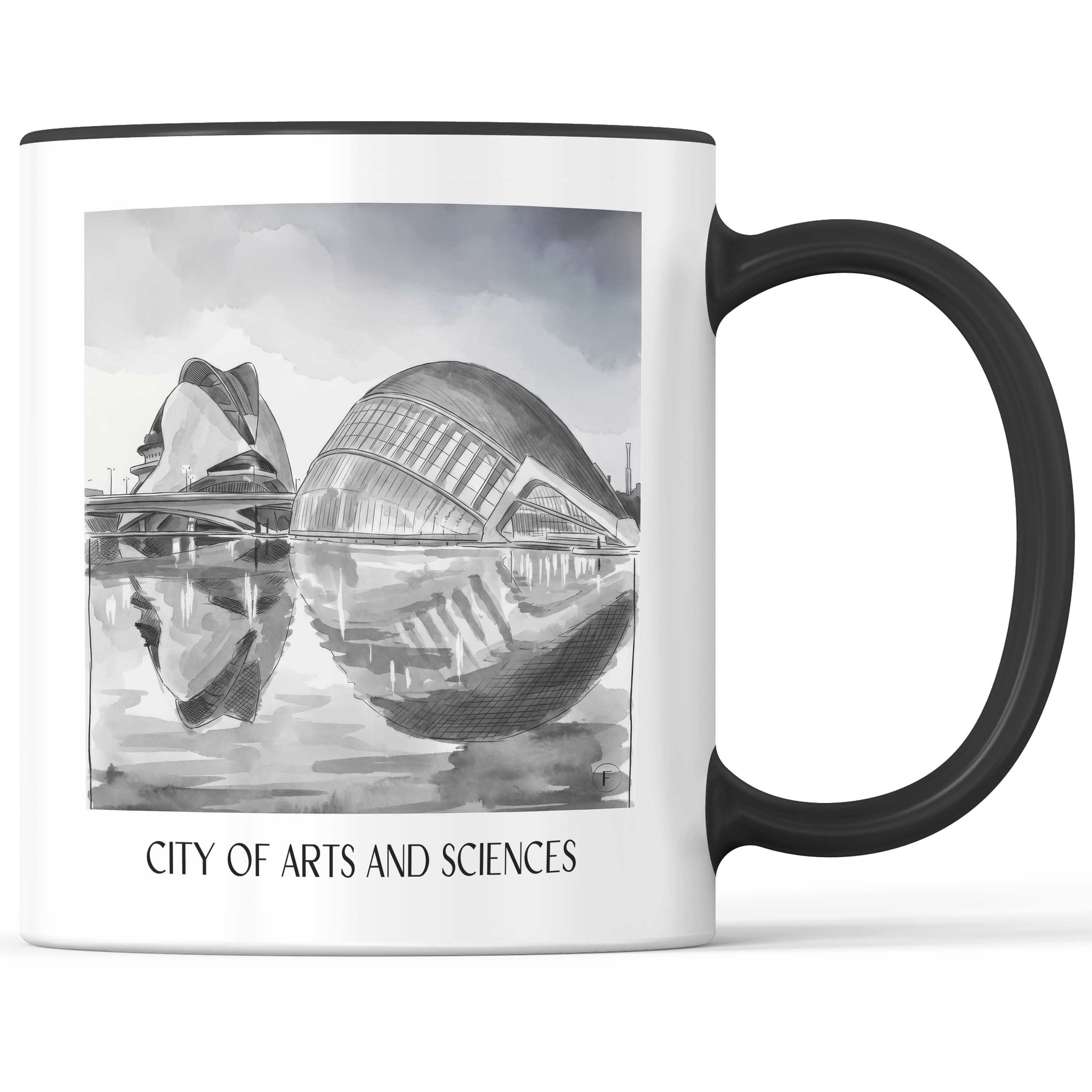 Ciutat de les Arts i les Ciències Kaffeebecher - Valencia - Spanien Becher - Kaffeetasse im Aquarell Schwarz-Weiß Stil - favplace