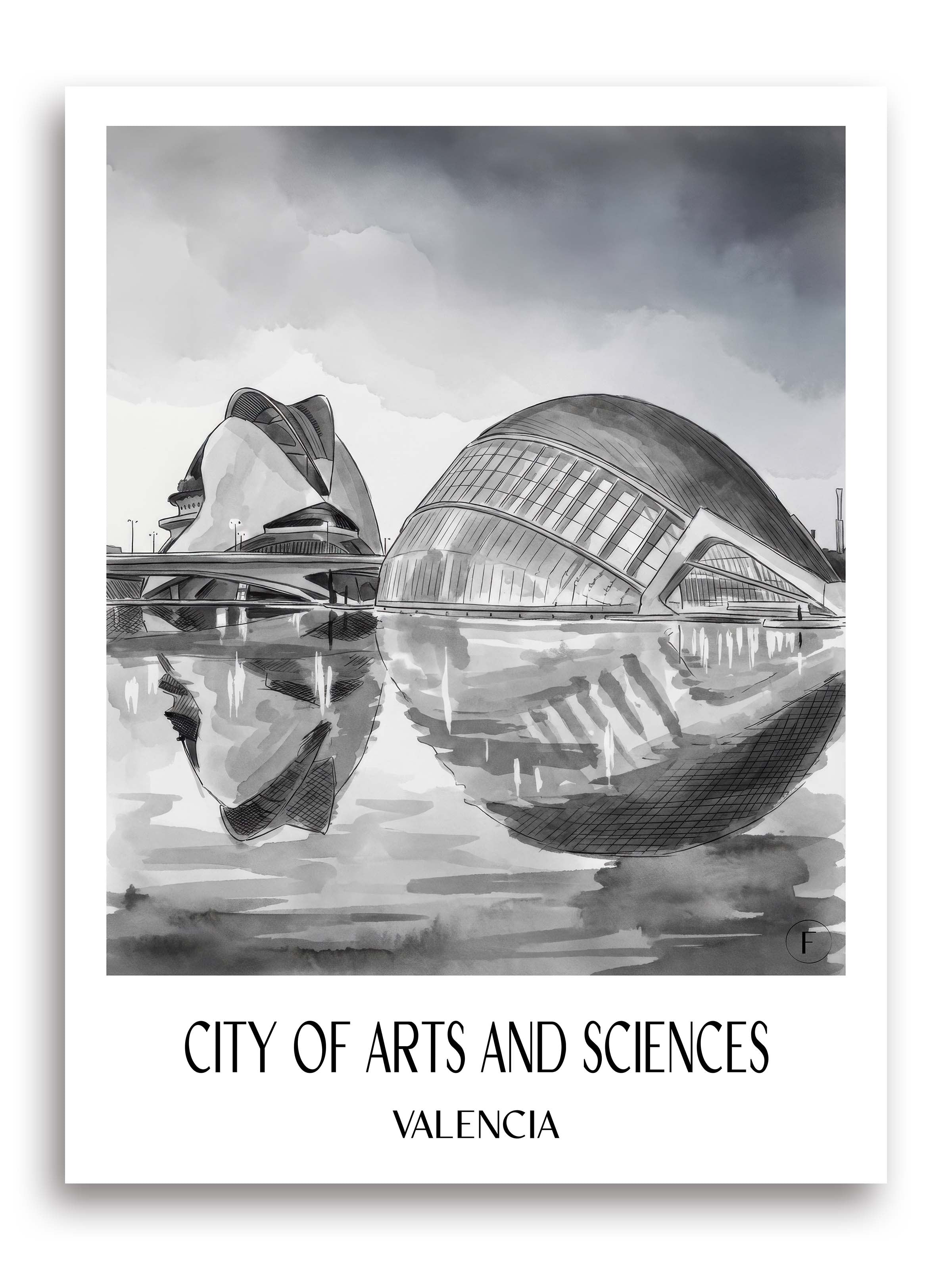 Ciutat de les Arts i les Ciències Poster - Valencia - Spanien Kunstdruck - Aquarell Schwarz-Weiß von A4 bis A1 - favplace